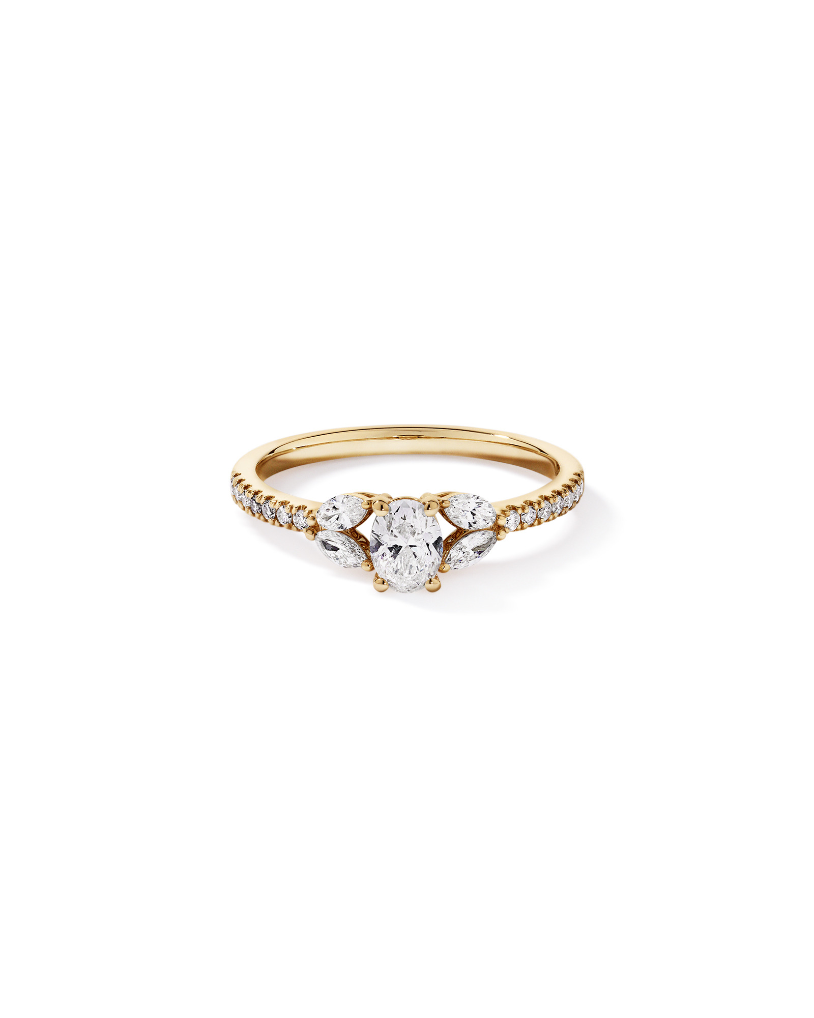 0.59 Carat TW Oval, Round Brilliant and Marquise Diamond Side Accent Ring 14kt Yellow Gold