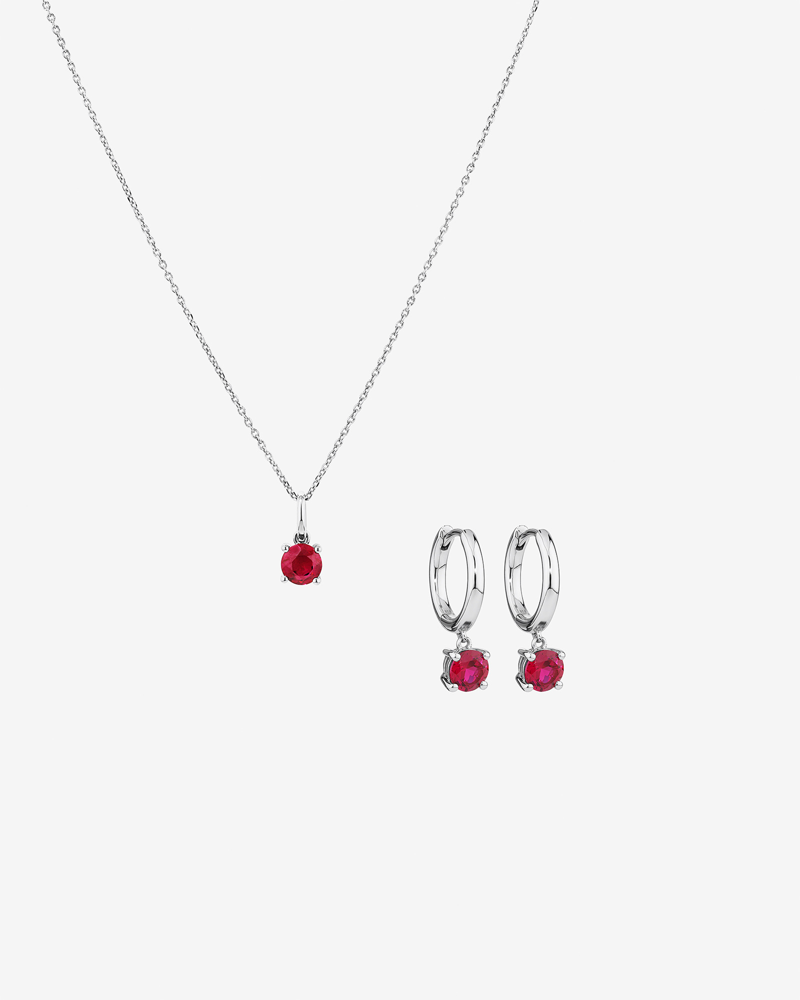 Ensemble En Argent Sterling Avec Boucles D’Oreilles Créoles Et Pendentif En Pierre De Rubis Synthétique Rouge Taille Ronde