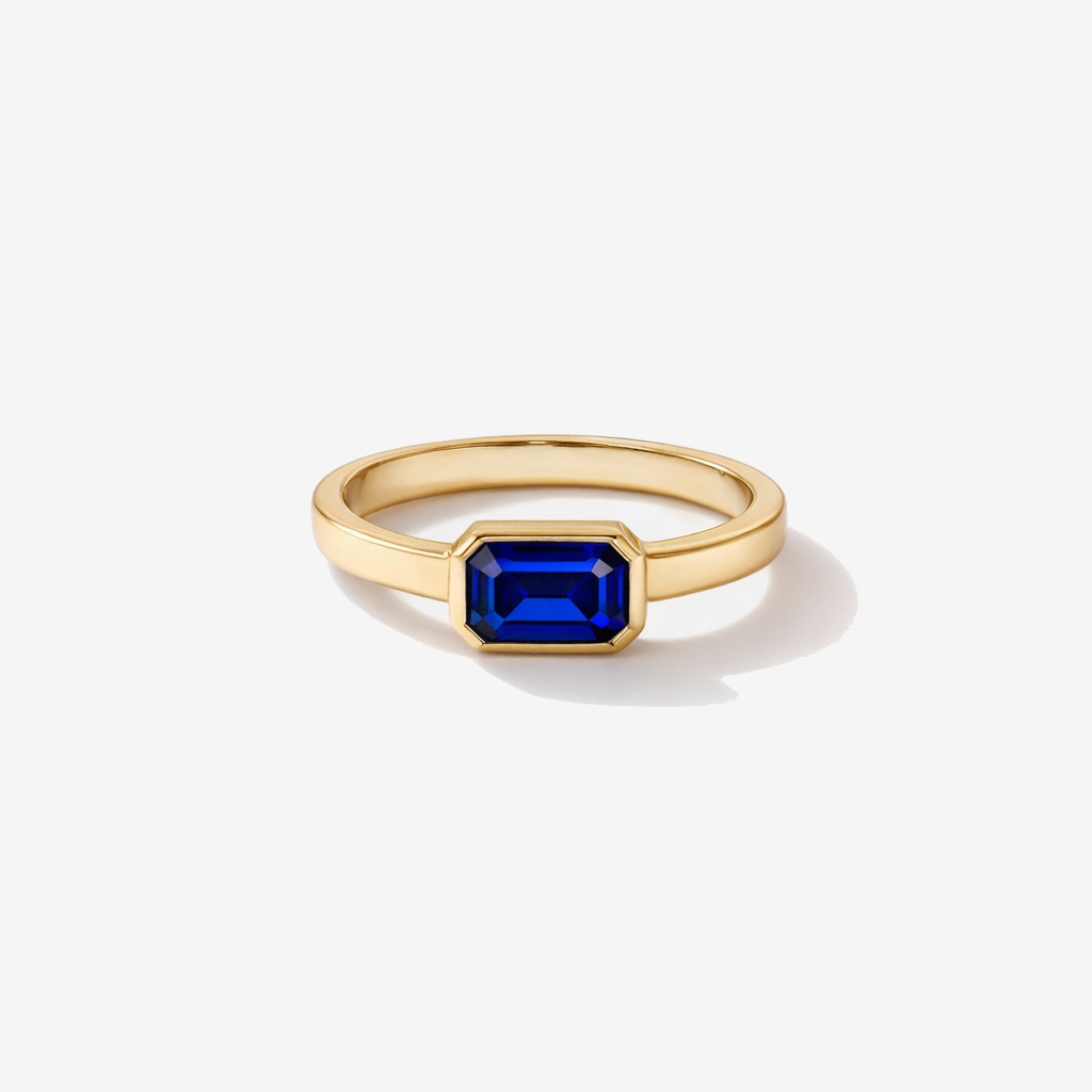 Created Sapphire Bezel Ring 10kt Yellow Gold