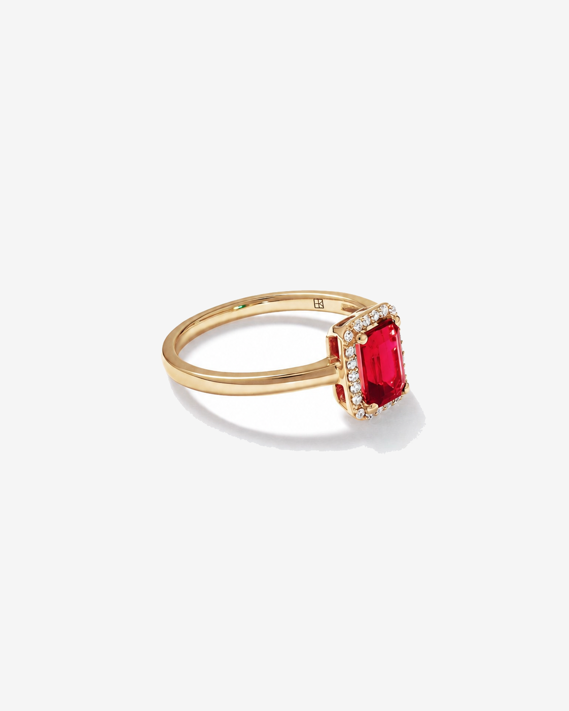 Emerald Cut Created Ruby and Diamond Halo Ring in 10kt Yellow Gold