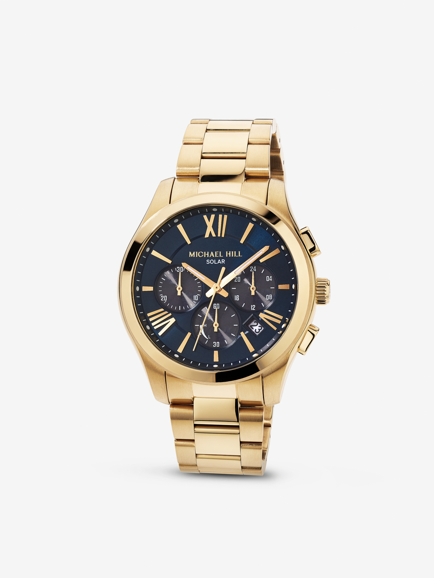 Montre chronographe solaire pour homme en acier inoxydable doré