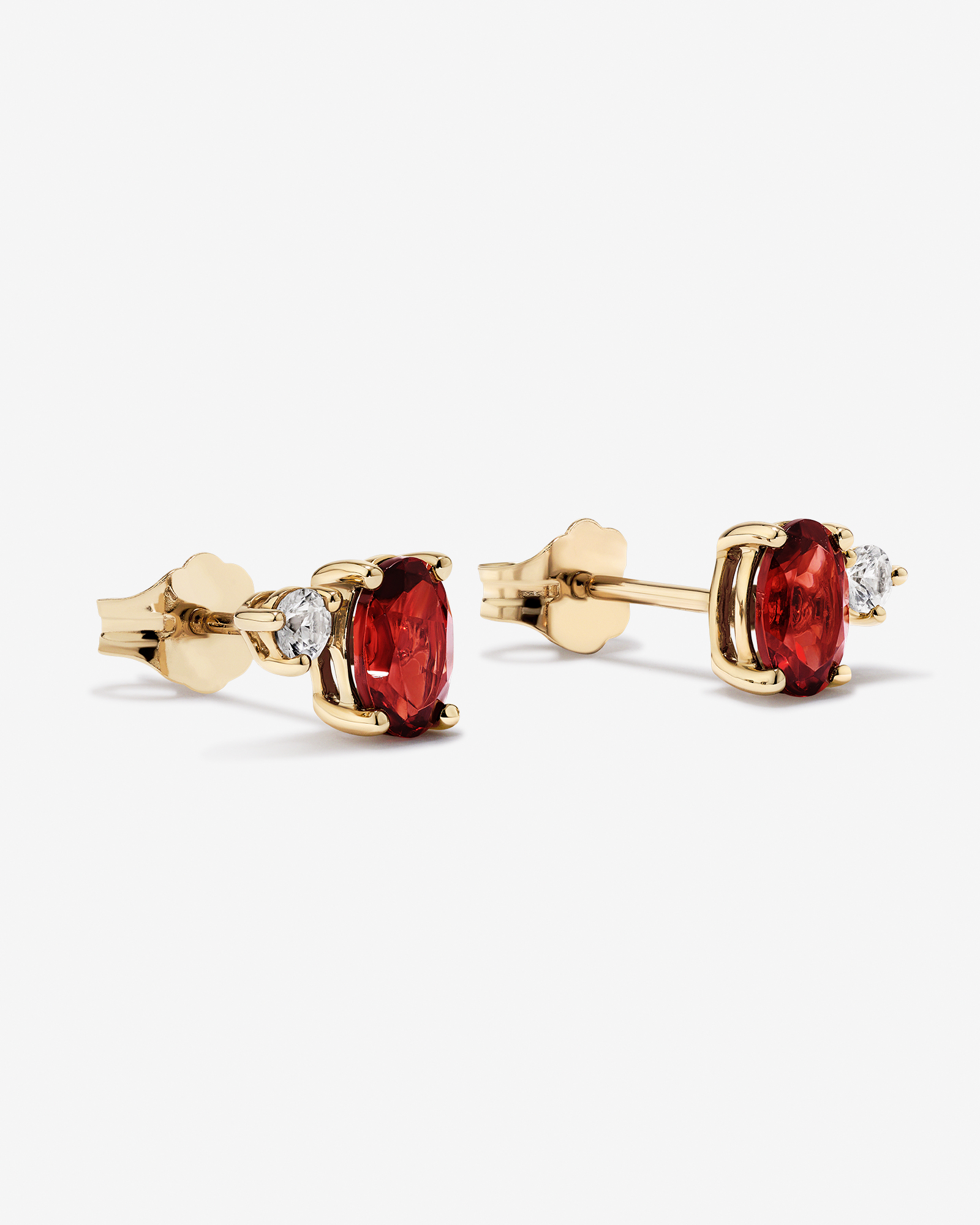 Round White Sapphire and Oval-Cut Garnet Toi Et Moi Stud Earrings in 10kt Yellow Gold