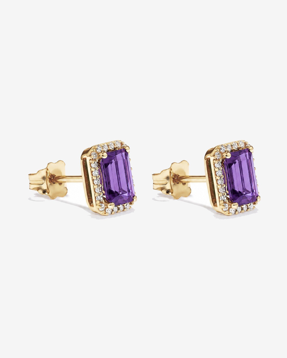 Emerald Cut Amethyst and Diamond Halo Earrings in 10kt Yellow Gold