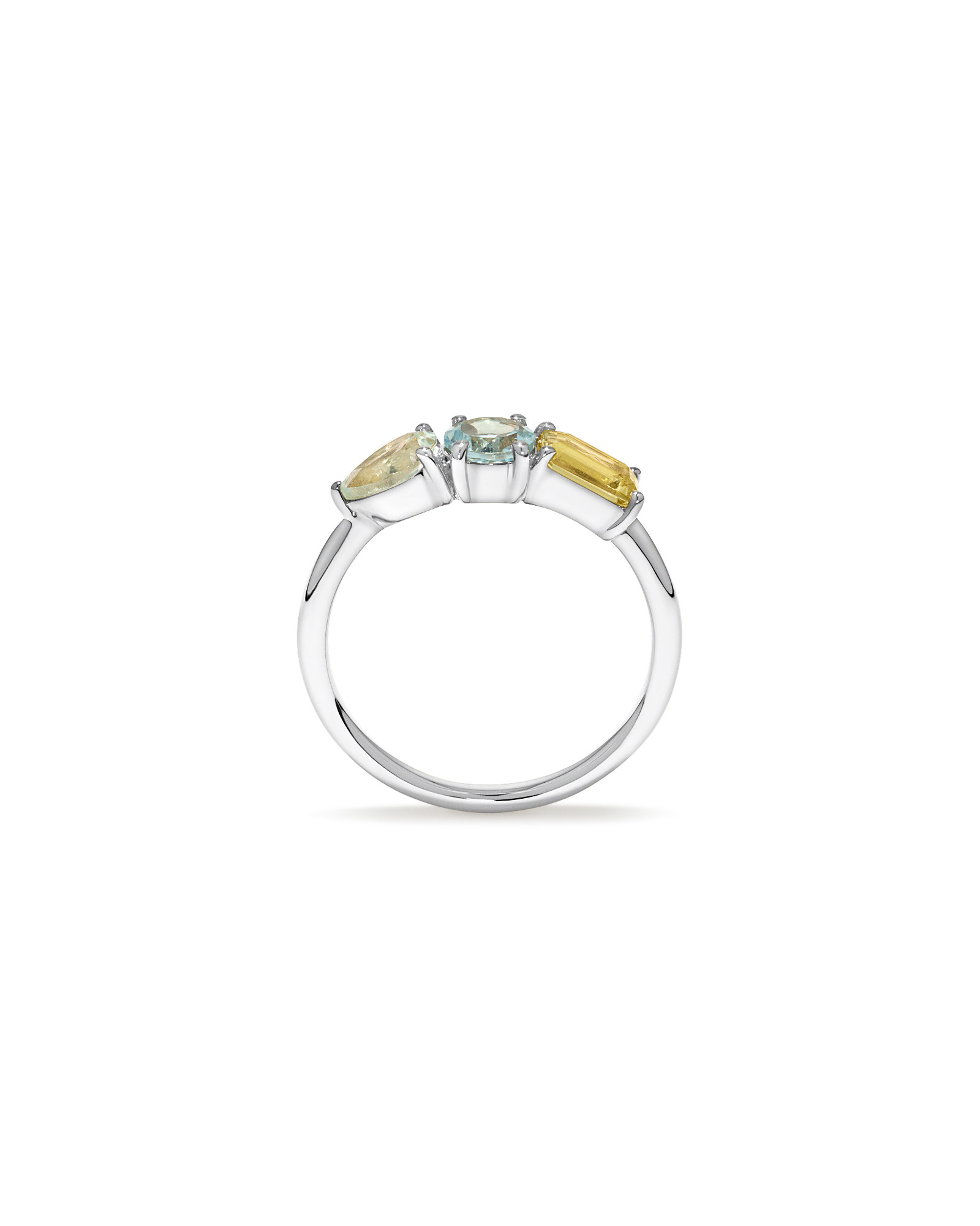 Anneau multi-gemmes en améthyste verte, topaze bleu ciel et quartz citron or blanc 10 carats