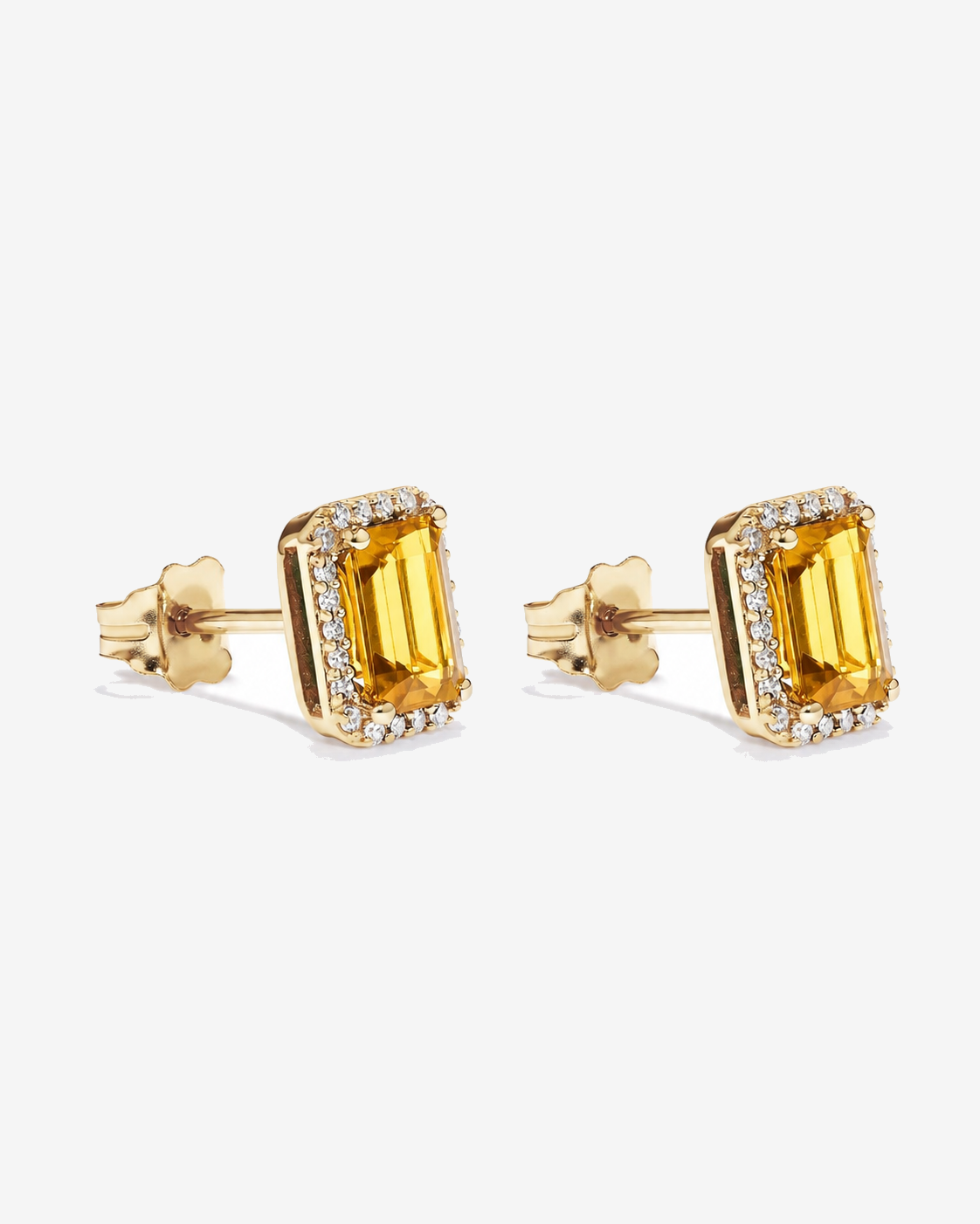 Emerald Cut Citrine and Diamond Halo Earrings in 10kt Yellow Gold