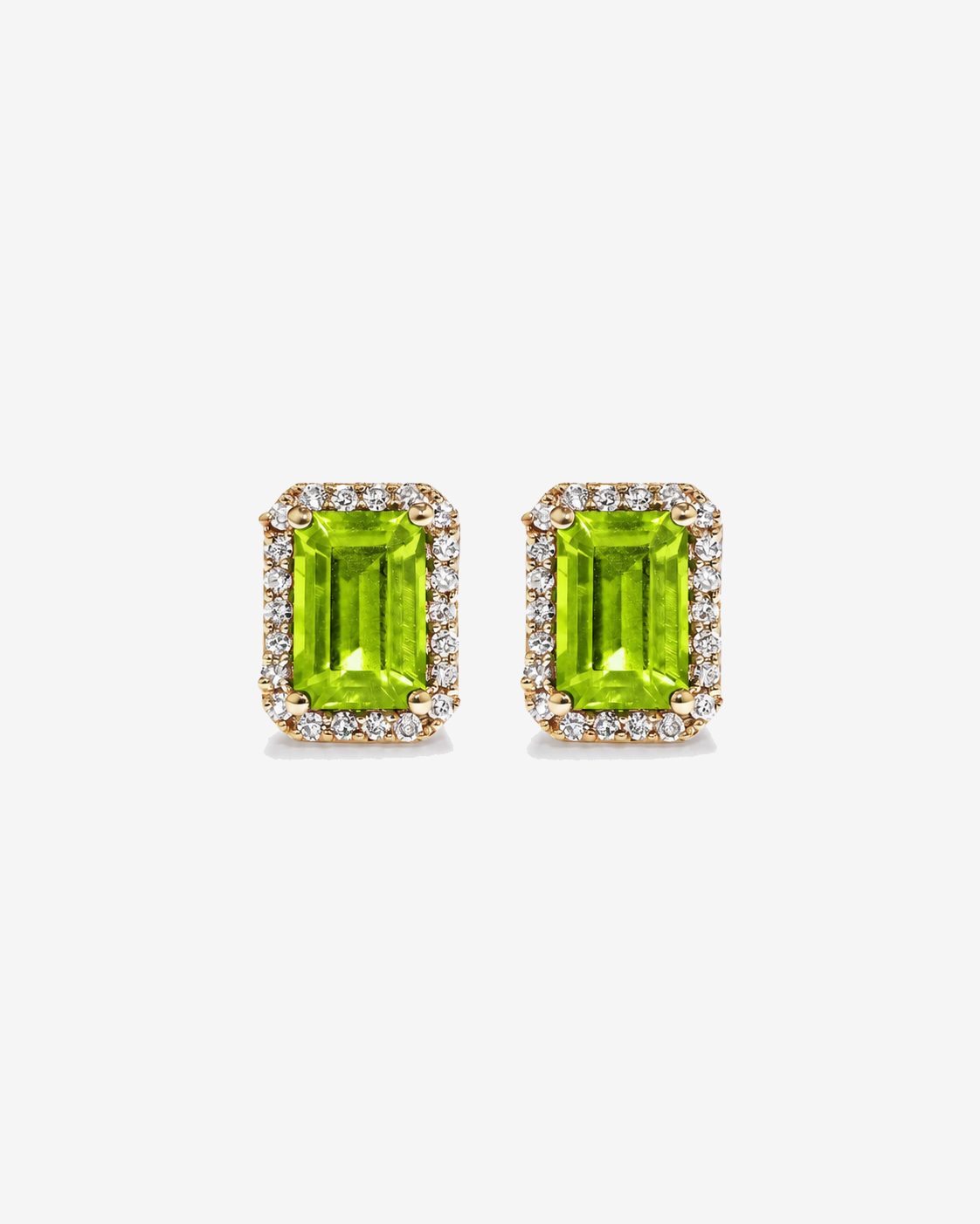 Emerald Cut Peridot and Diamond Halo Earrings in 10kt Yellow Gold