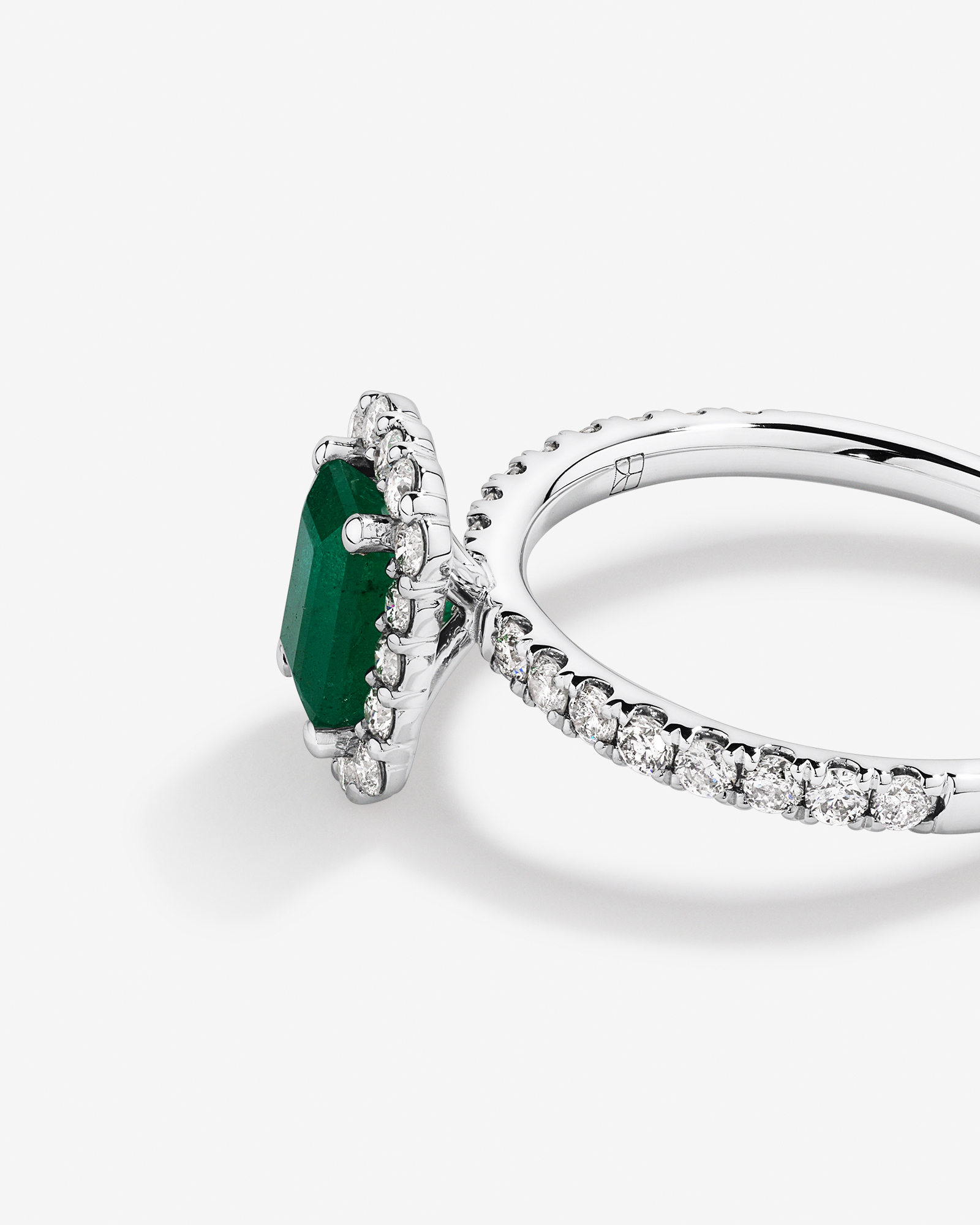 Emerald Cut Green Emerald Gemstone and 0.60 Carat TW Diamond Halo Ring in 14kt White Gold