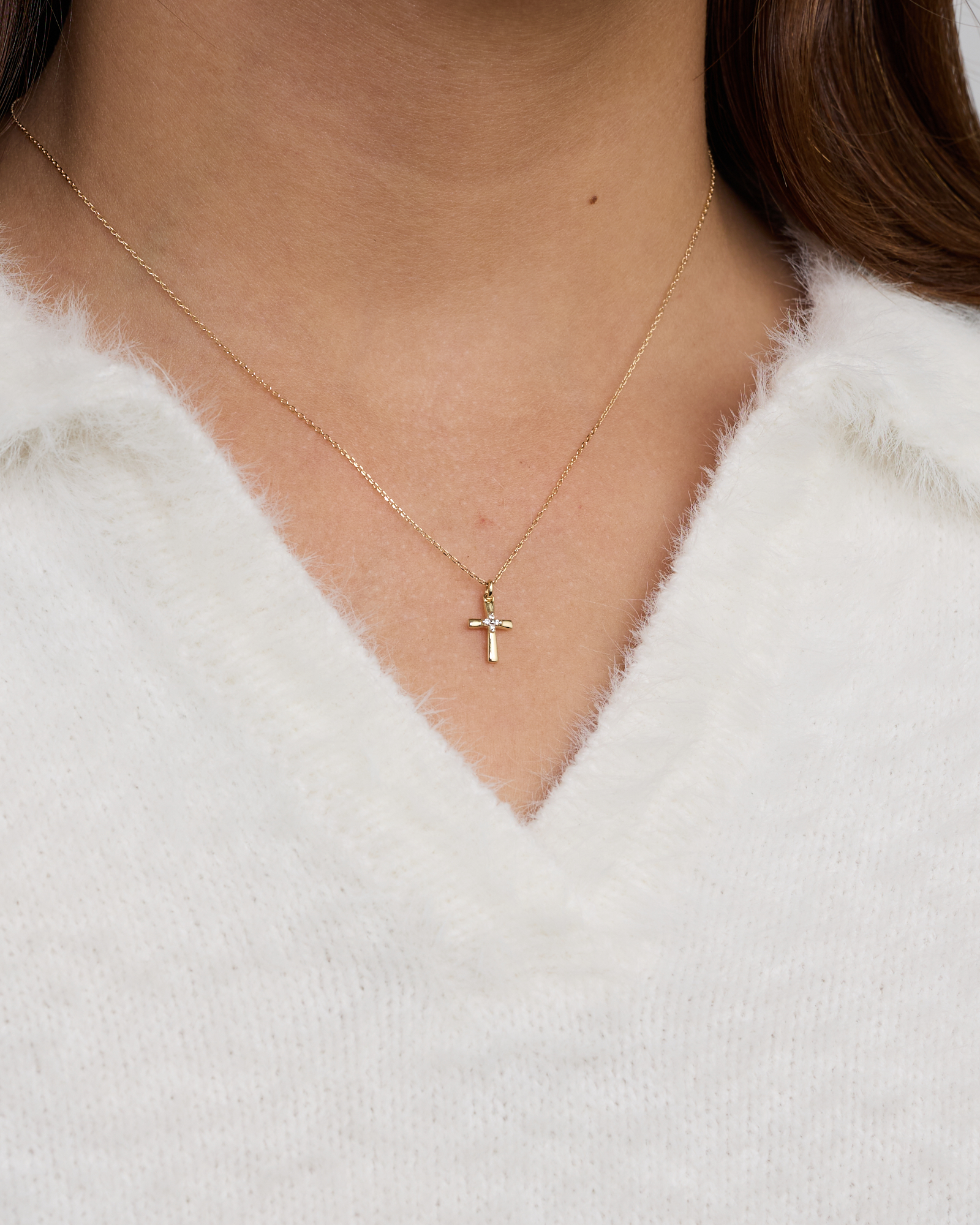Children's Cubic Zirconia Cross Pendant with Chain in 10kt Yellow Gold
