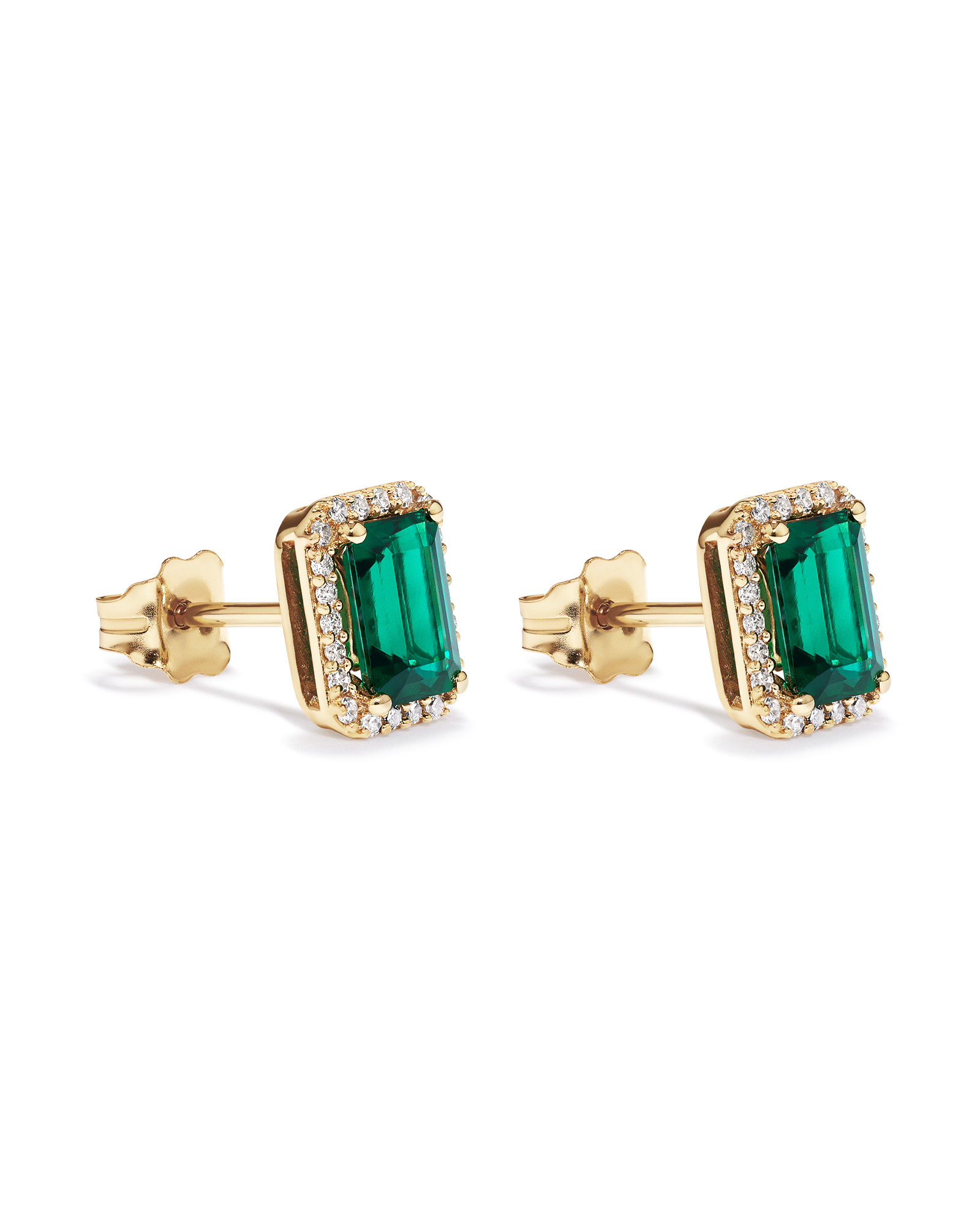 Boucles d'oreilles en or jaune 10 carats avec halo de diamants et émeraude verte synthétique taille émeraude