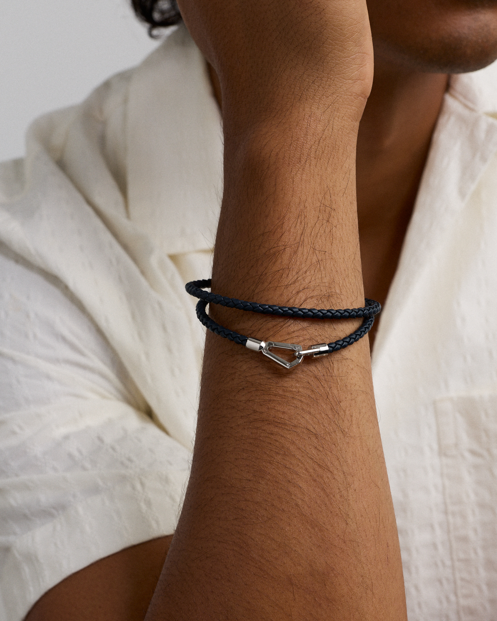 Men's Braided Leather Double Wrap Bracelet in Sterling Silver