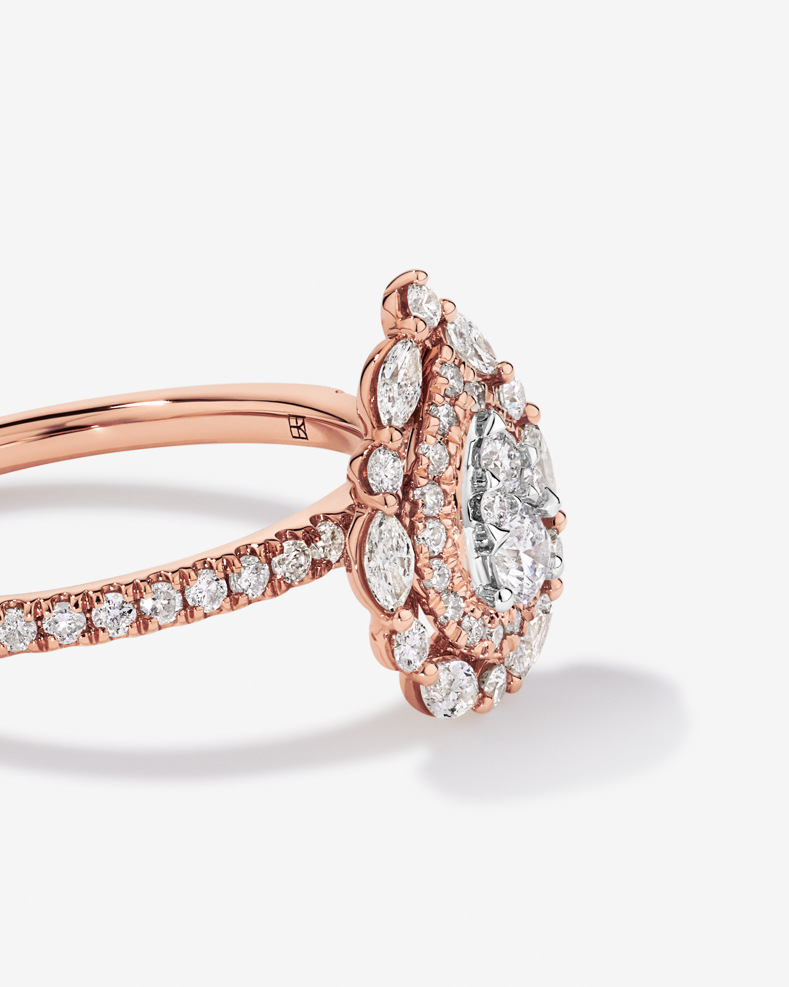 0.62 Carat TW Round Brilliant and Marquise Double Halo Cluster Diamond Ring 14kt Rose Gold with Rhodium