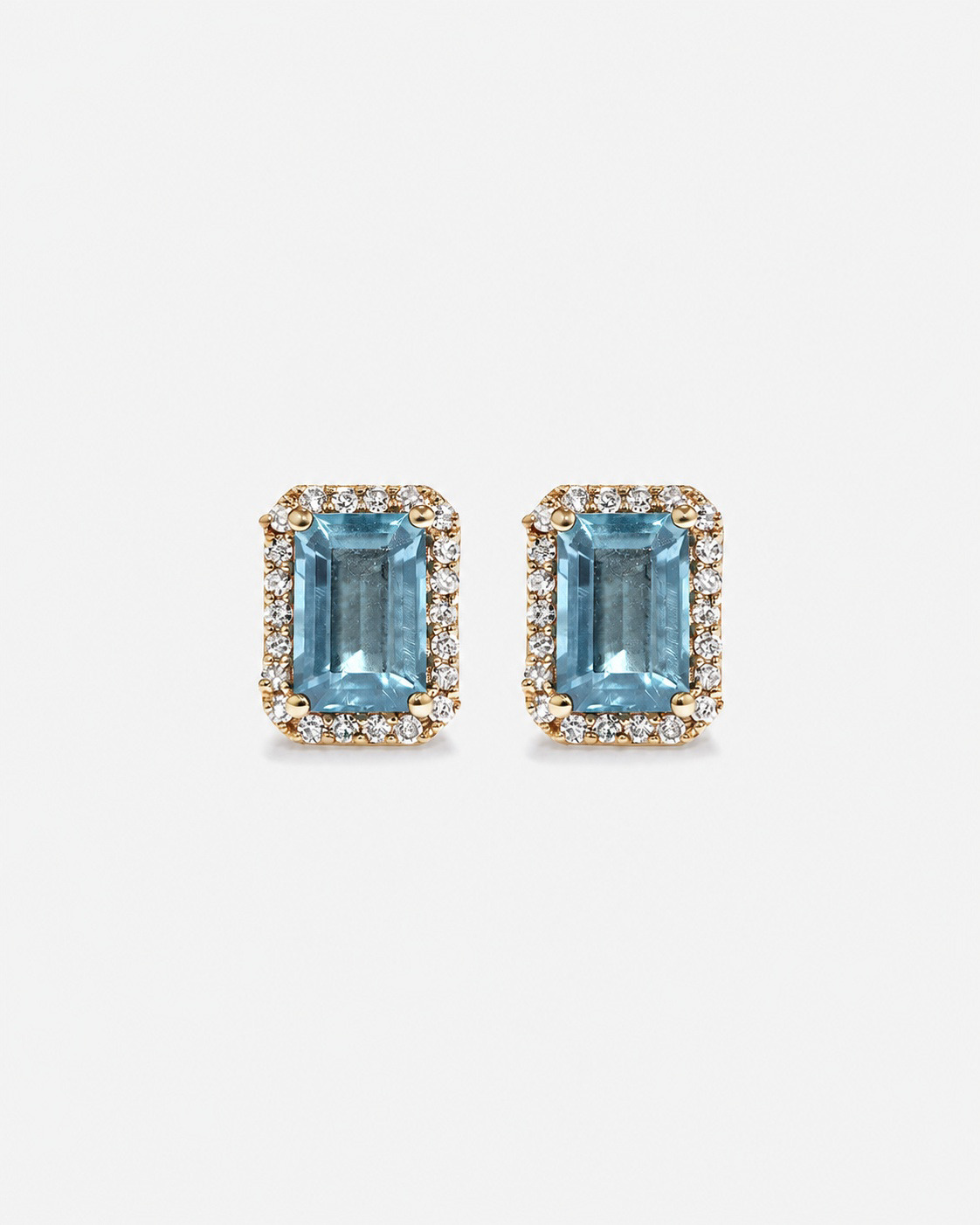 Emerald Cut Blue Topaz and Diamond Halo Earrings in 10kt Yellow Gold