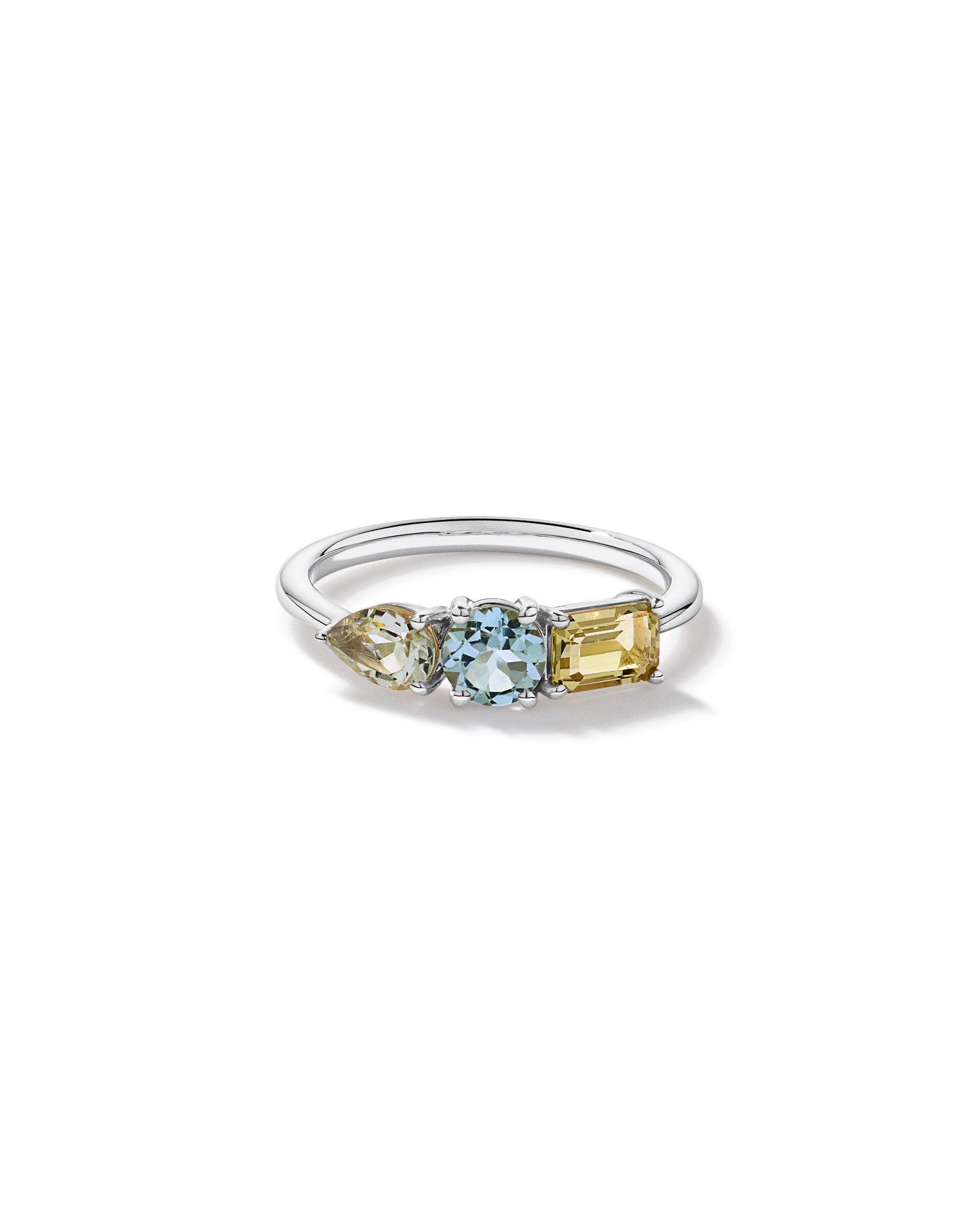 Anneau multi-gemmes en améthyste verte, topaze bleu ciel et quartz citron or blanc 10 carats