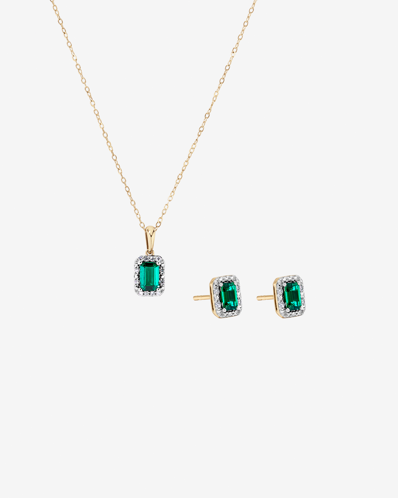 Created Emerald & 0.10 Carat TW Laboratory-Grown Diamond Halo Ring in 10kt Yellow Gold and Rhodium