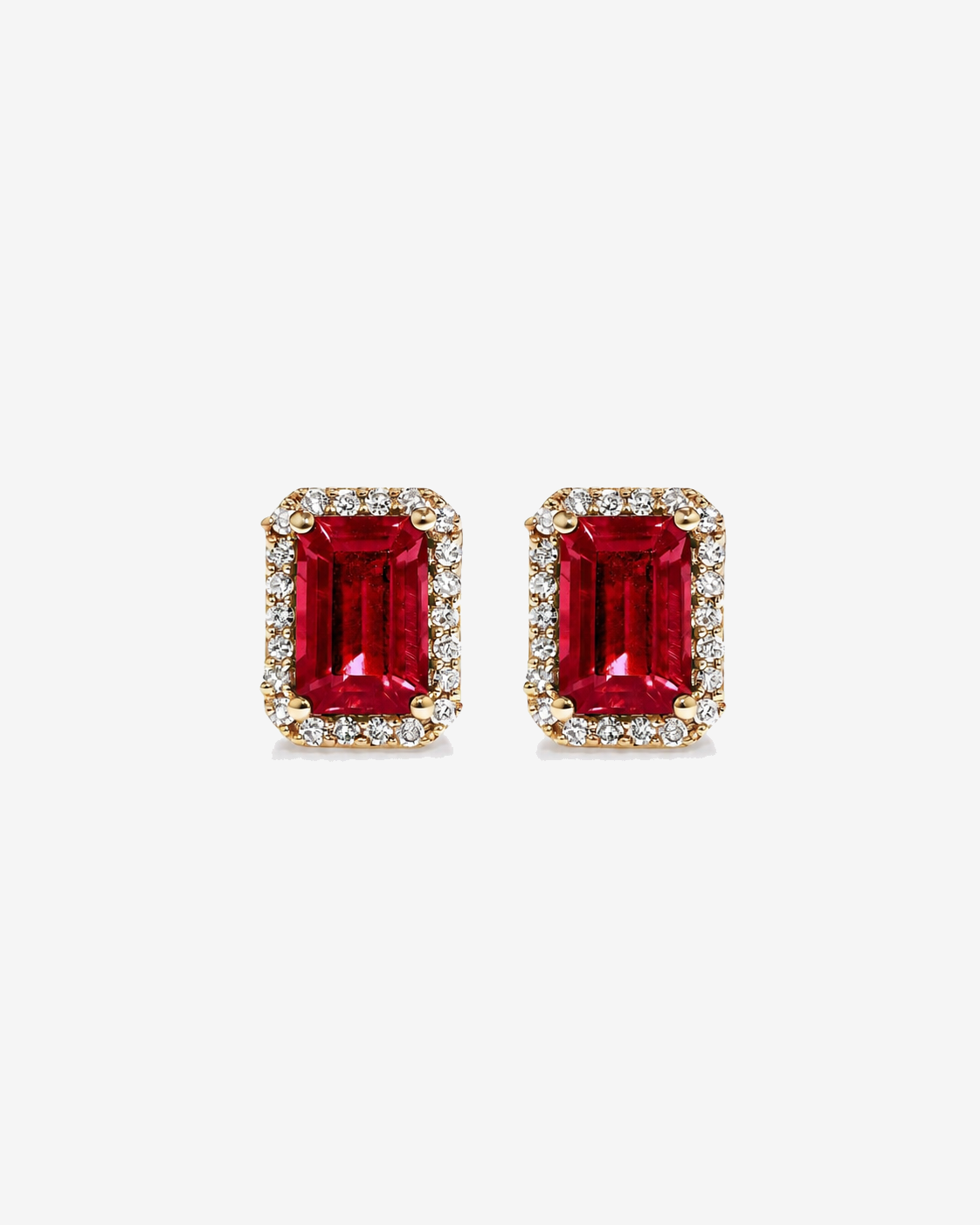 Emerald Cut Created Ruby and Diamond Halo Earrings in 10kt Yellow Gold