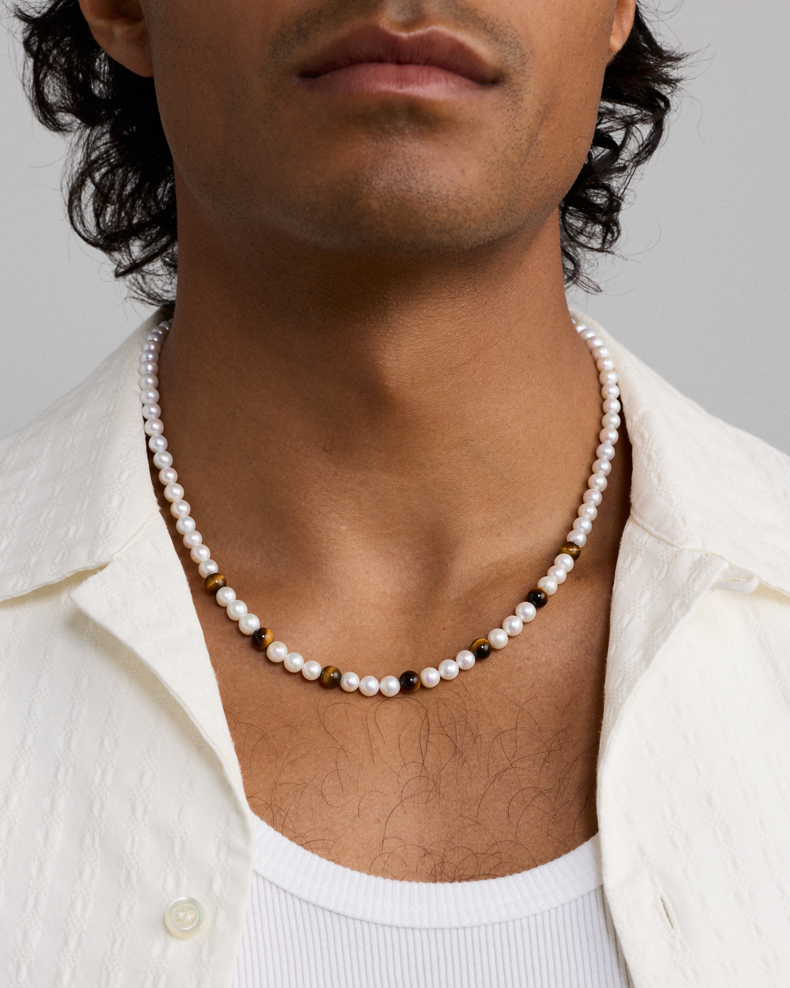 Cultured Freshwater Pearl & Tiger Eye Necklace in Sterling Silver