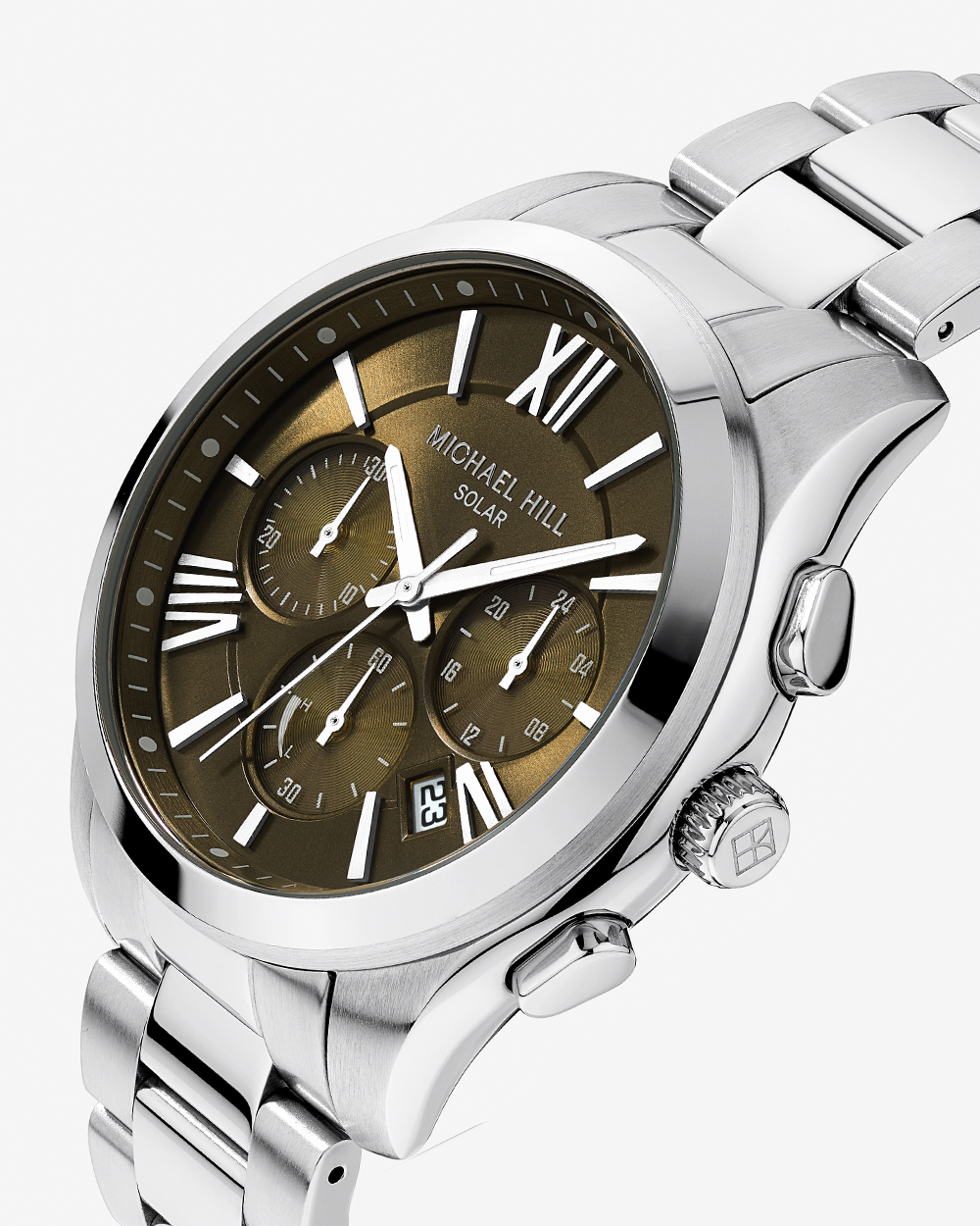 Montre chronographe solaire pour homme en acier inoxydable
