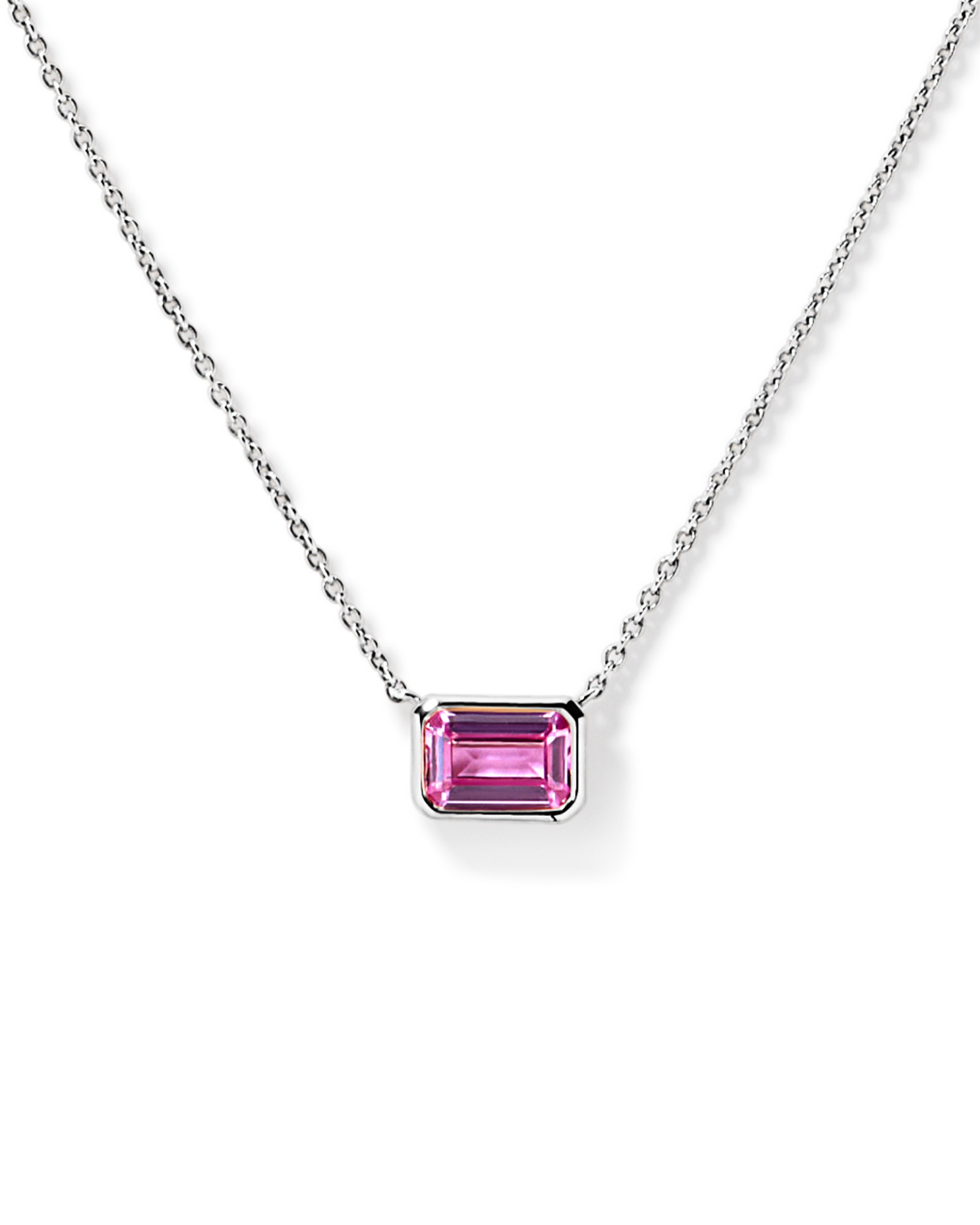 Emerald Cut Pink Created Sapphire East-to-West Set Bezel Necklace with Chain in 10kt Gold