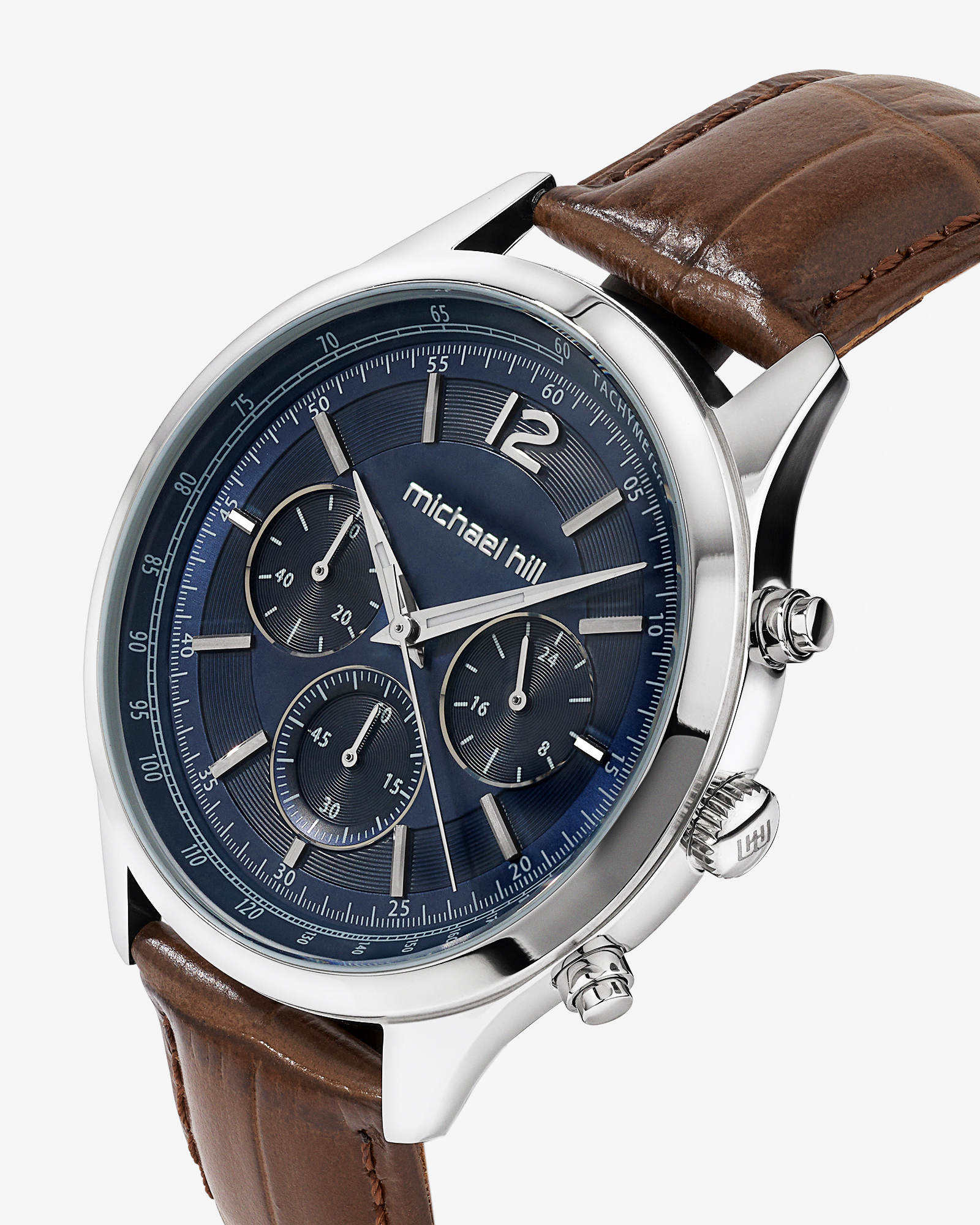 Montre chronographe en acier inoxydable et en cuir brun pour homme