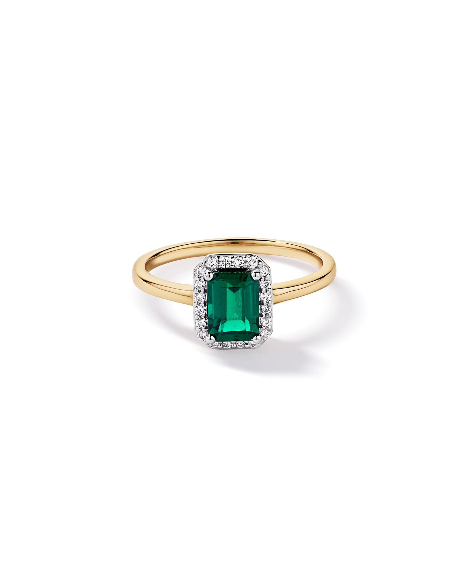 Création de la bague halo en diamant émeraude & 0.10TW cultivée laboratoire or jaune 10 carats et Rhodium