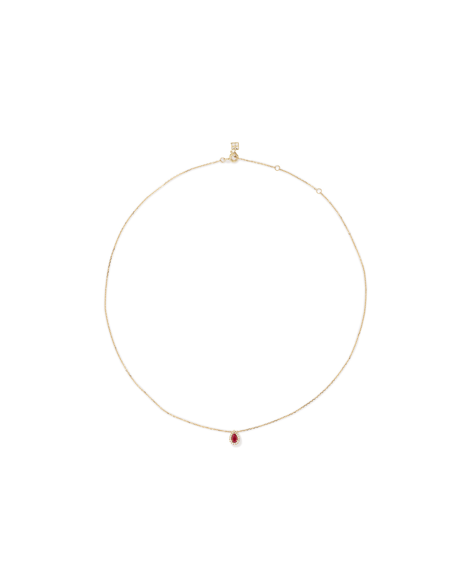 Pear Cut Red Ruby Gemstone and 0.05 Carat TW Diamond Halo Necklace in 10kt Yellow Gold