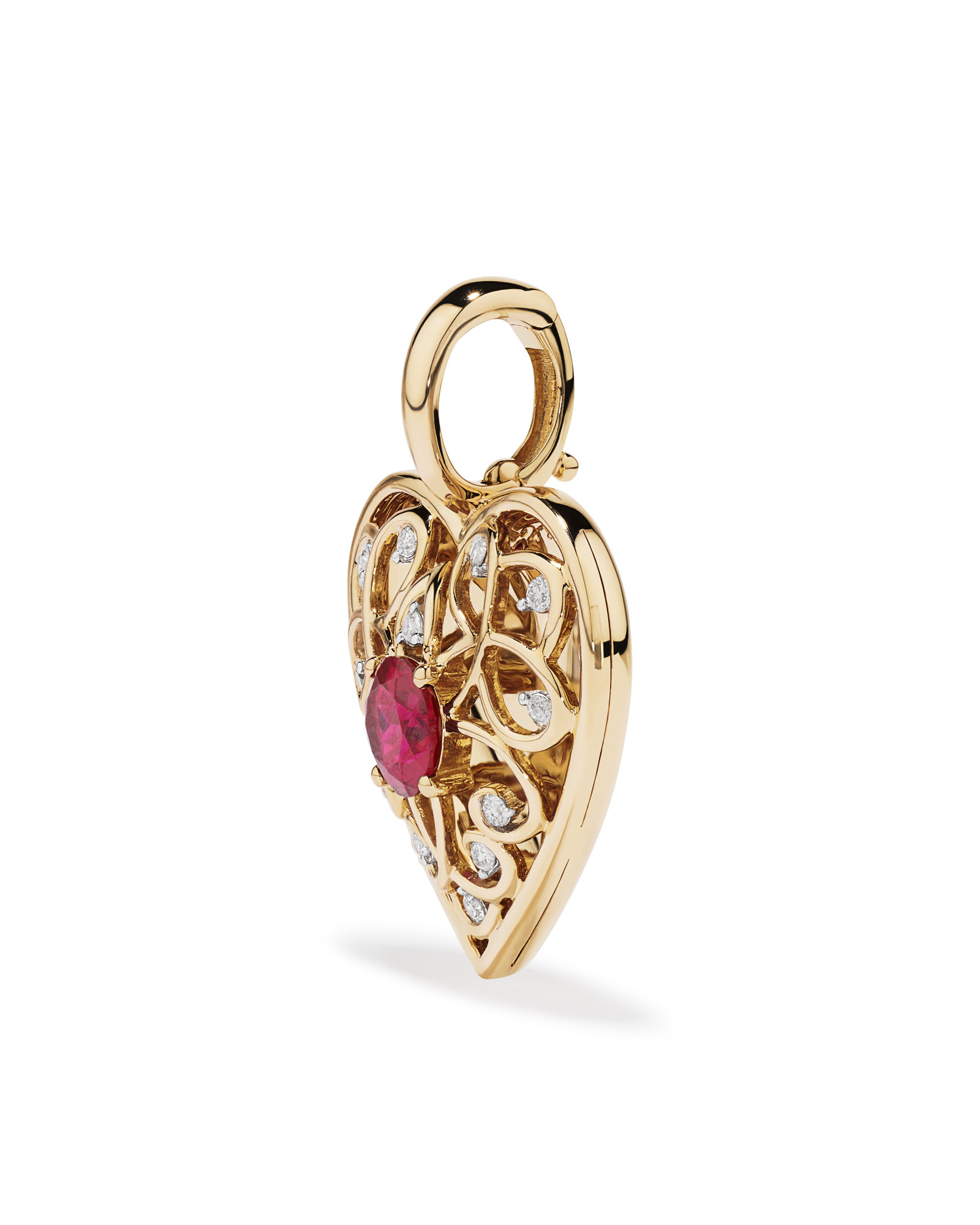 Pendentif Rehausseur En Filigrane En Forme De Cœur Avec Pierre Précieuse Rubis Créée Rouge Et Diamants En Or Jaune 10Ct