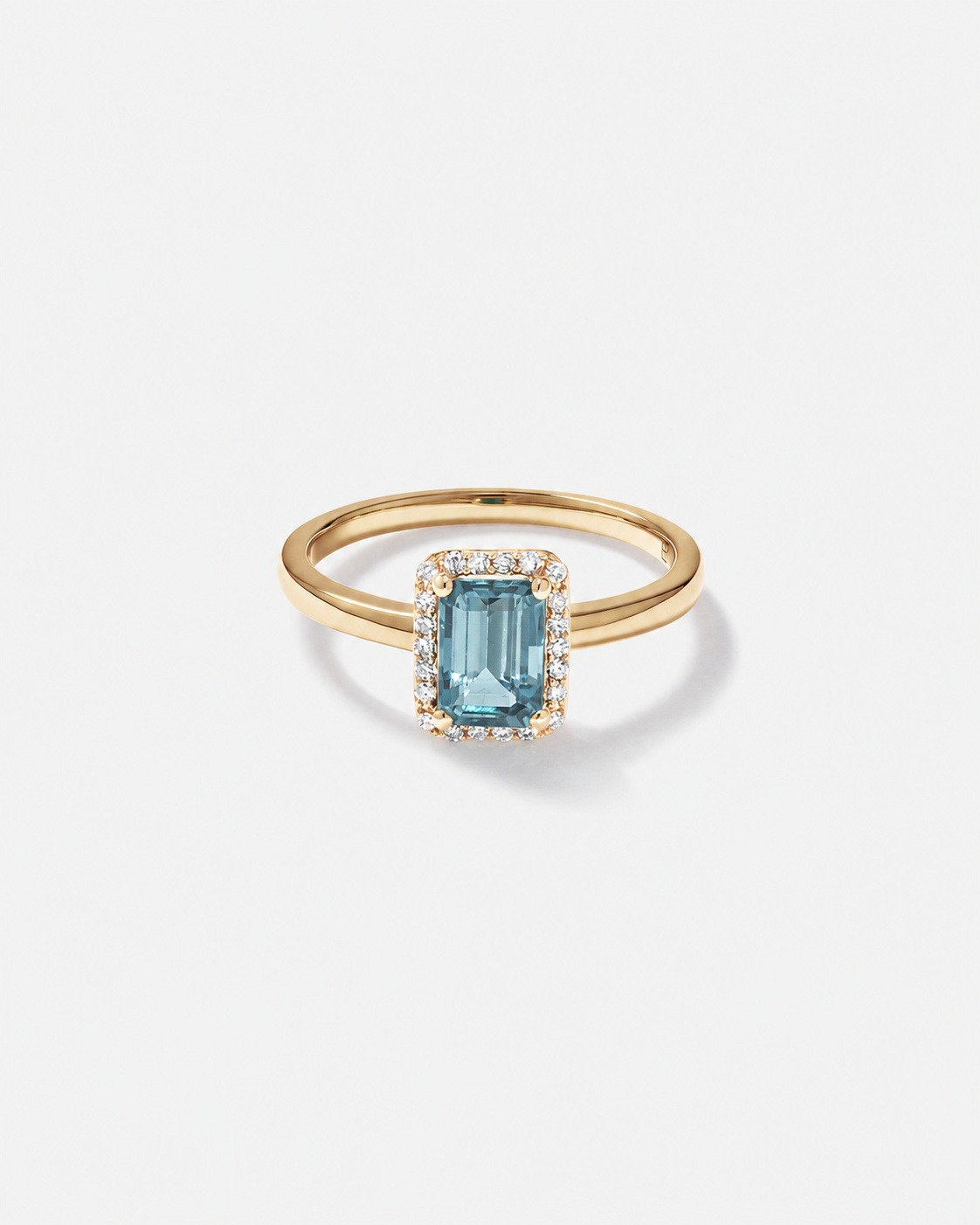 Emerald Cut Blue Topaz and Diamond Halo Ring 10kt Yellow Gold