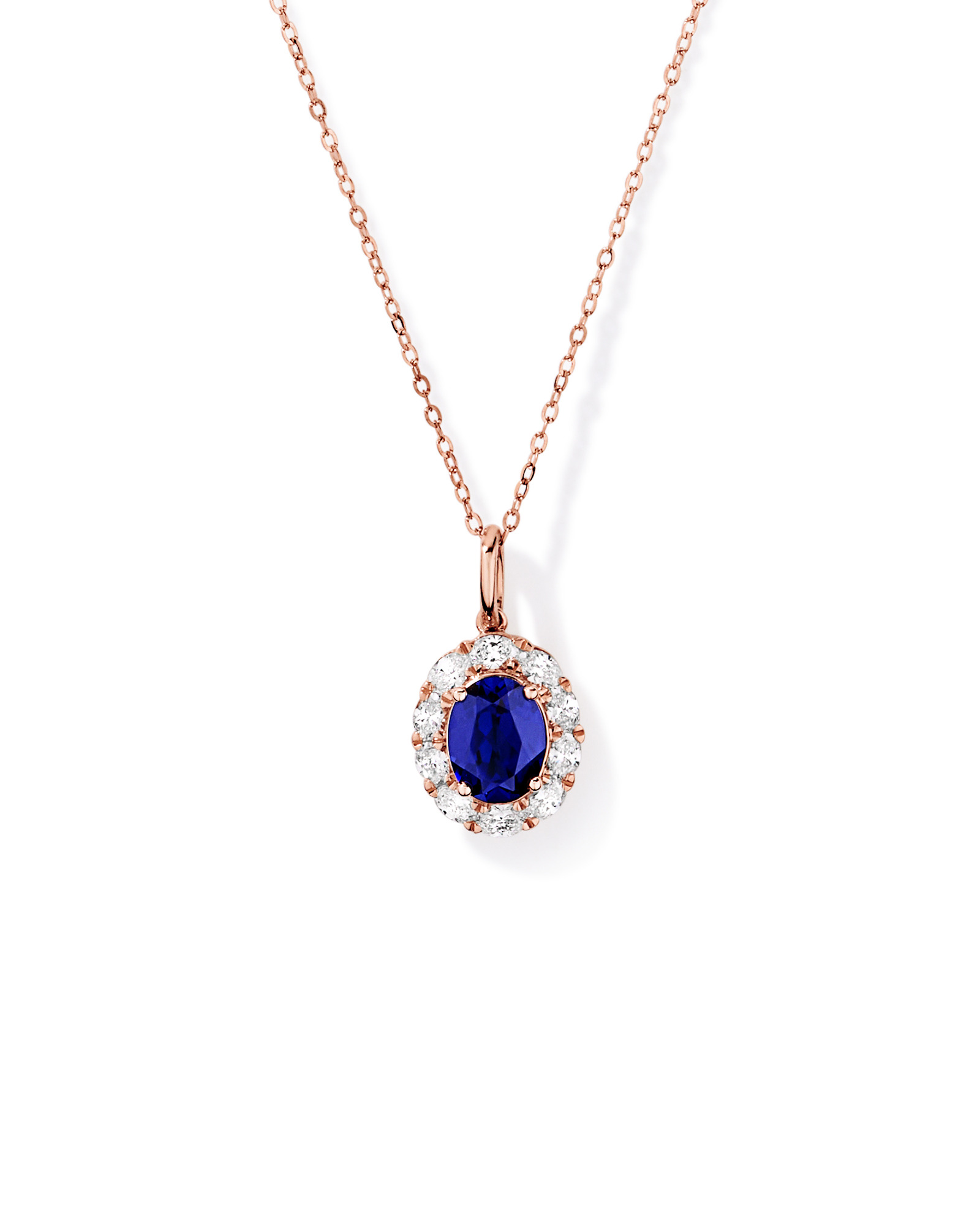 A créé un pendentif en diamant TW cultivé en laboratoire en saphir et 0,47 carat avec chaîne en or rose 10 carats