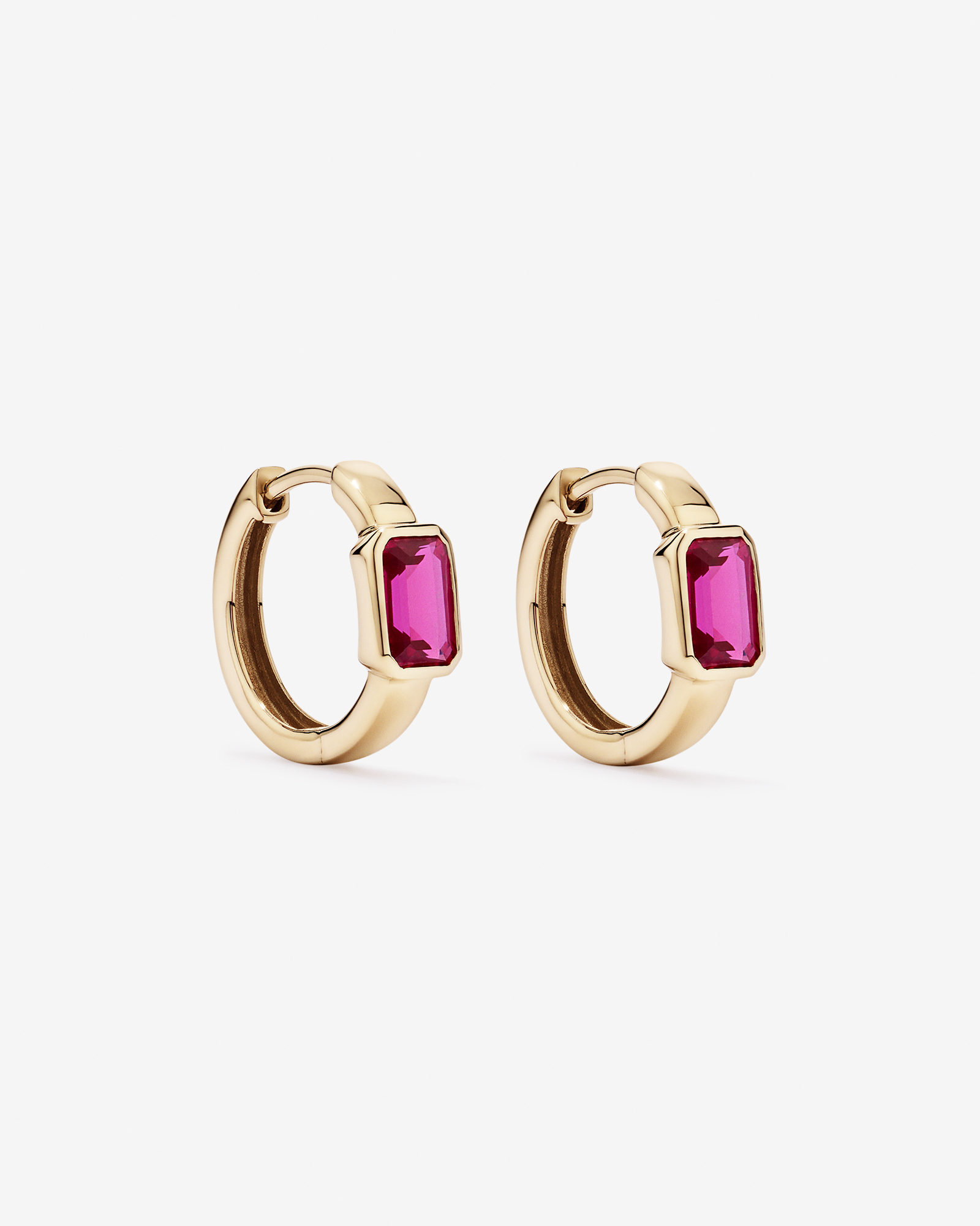 Created Ruby Bezel Huggie Earrings in 10kt Yellow Gold