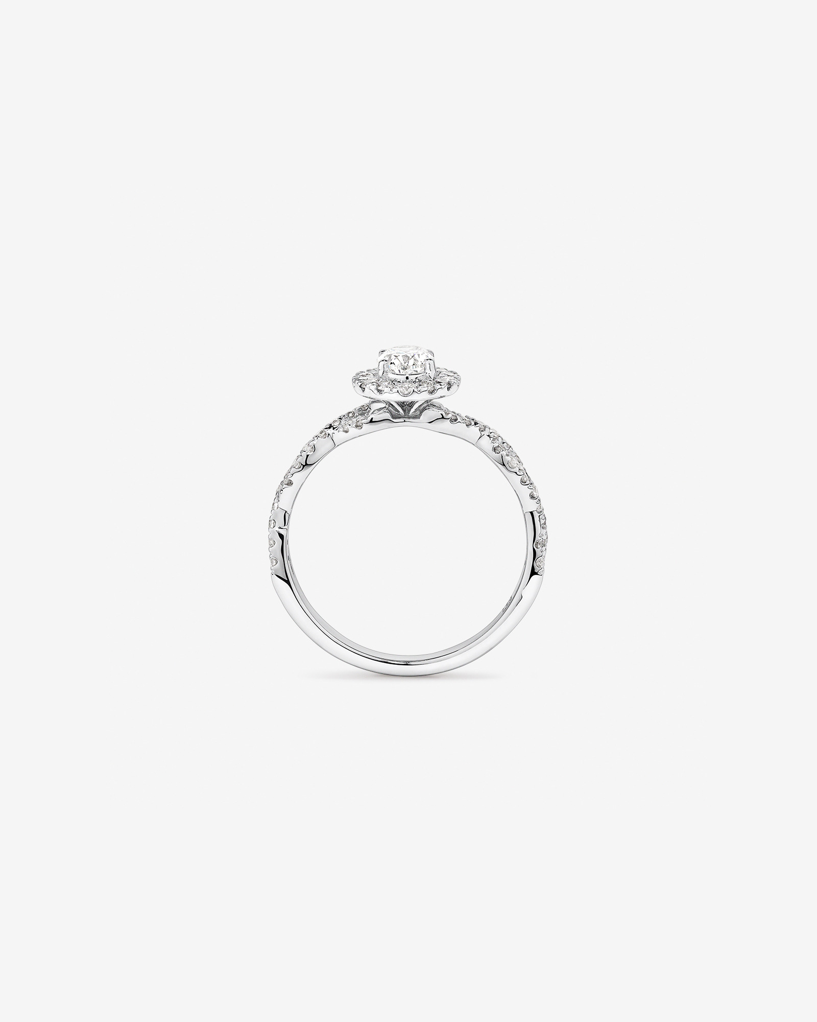0.75 Carat TW Oval Cut Diamond Twist Side Accent Halo Engagement Ring in 14kt White Gold