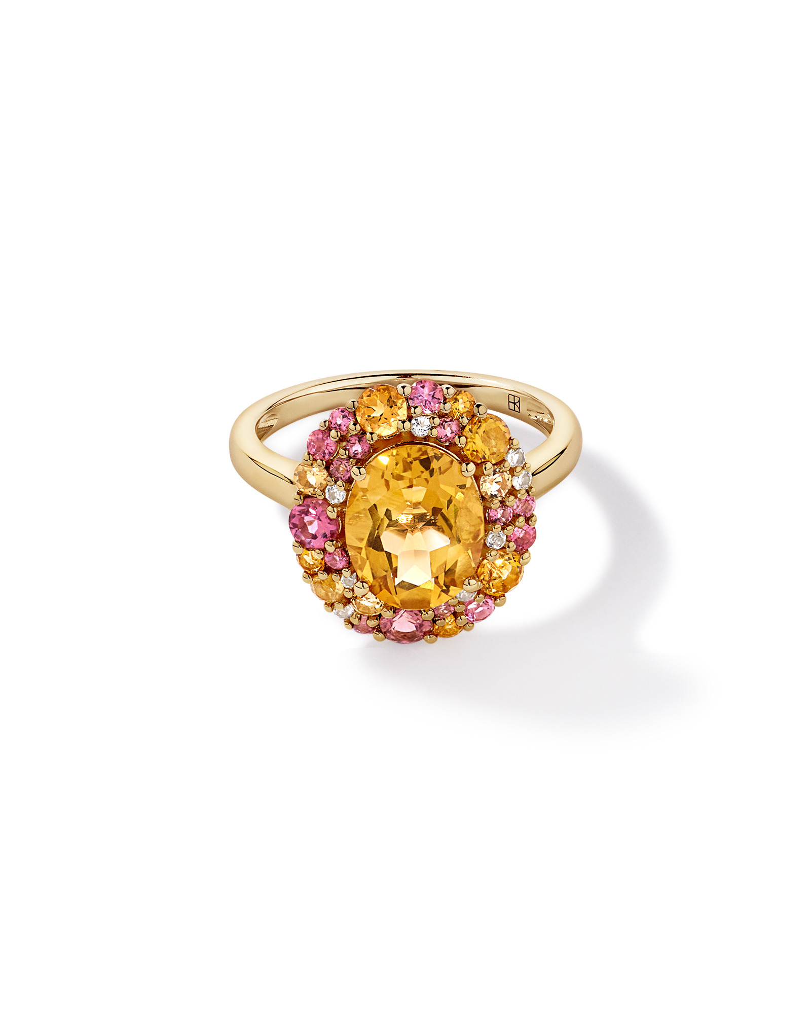 Oval Cut Citrine, Pink Tourmaline & White Topaz Halo Ring 10kt Yellow Gold