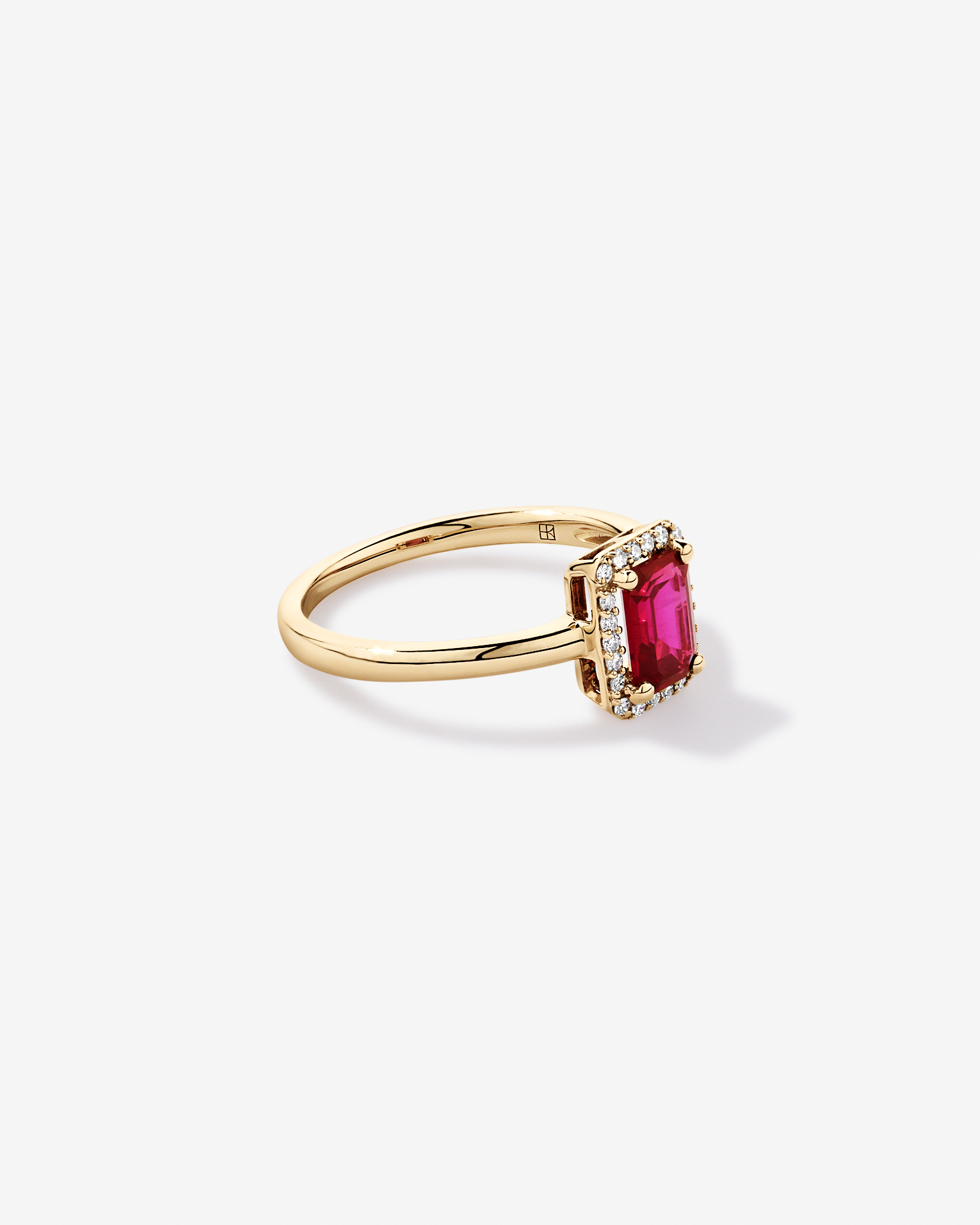 Emerald Cut Created Ruby and Diamond Halo Ring 10kt Yellow Gold