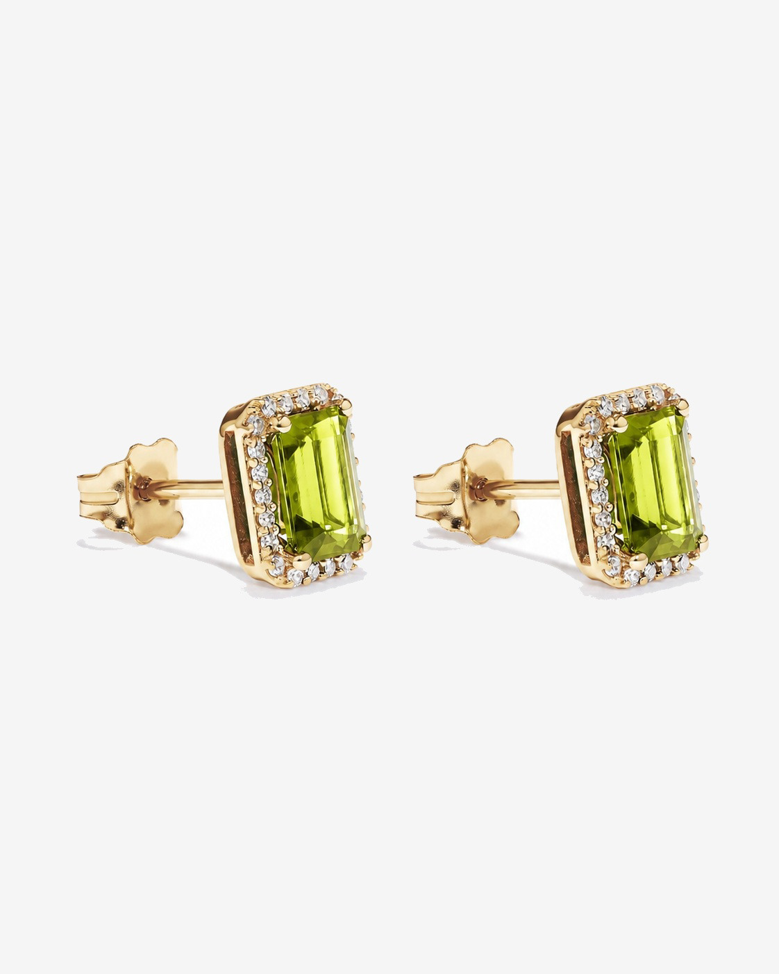 Boucles d'oreilles halo Péridot taille émeraude avec diamants en or jaune 10 ct