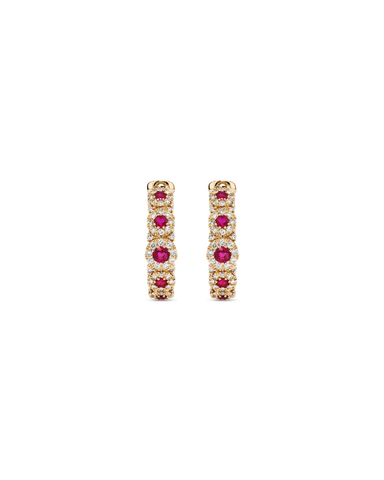 Bubble Huggie Earrings with Ruby and 0.52 Carat TW Diamonds in 14kt Yellow Gold