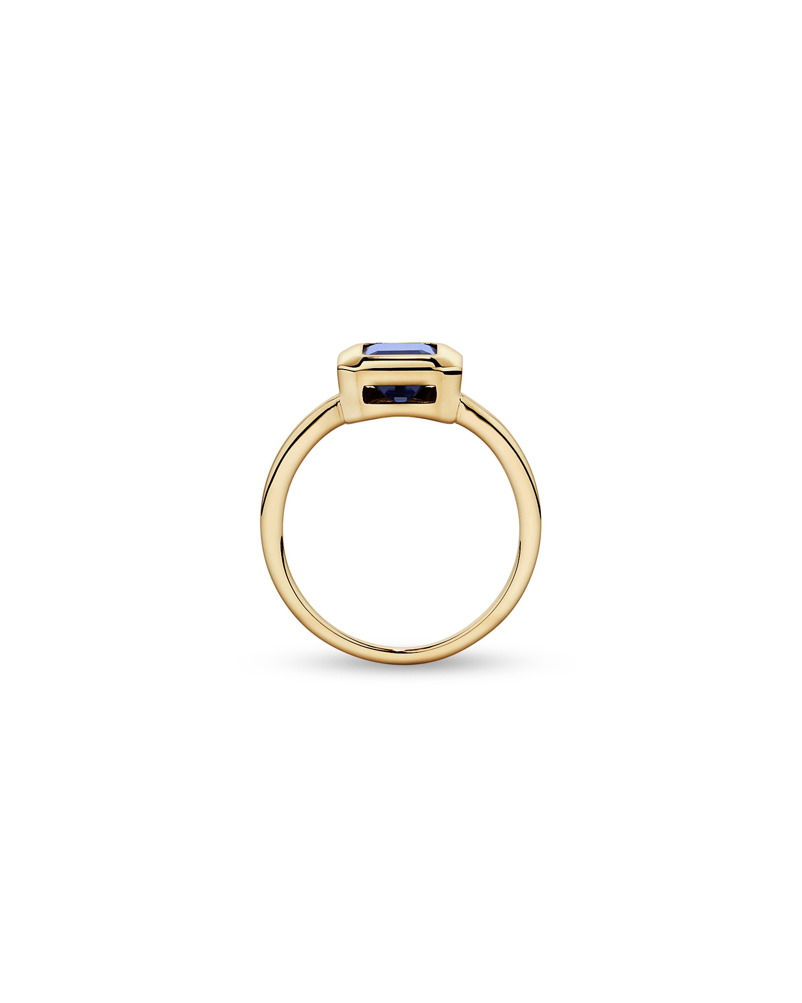 Emerald Cut Created Sapphire Bezel Ring 10kt Yellow Gold