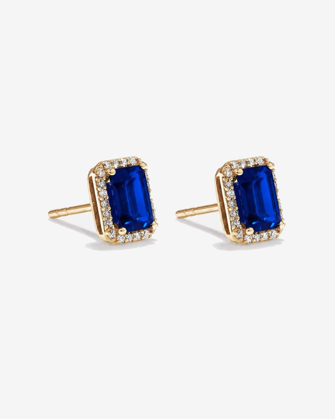 Emerald Cut Created Sapphire and Diamond Halo Earrings in 10kt Yellow Gold