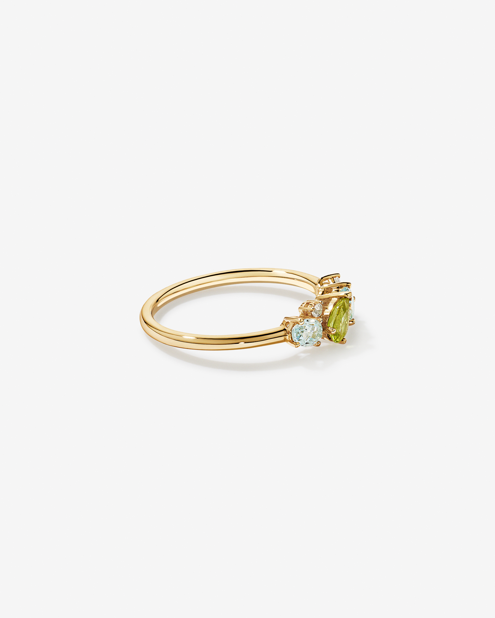 Péridot, topaze bleu ciel, améthyste verte et blanche anneau multigemstone en or jaune 10 carats