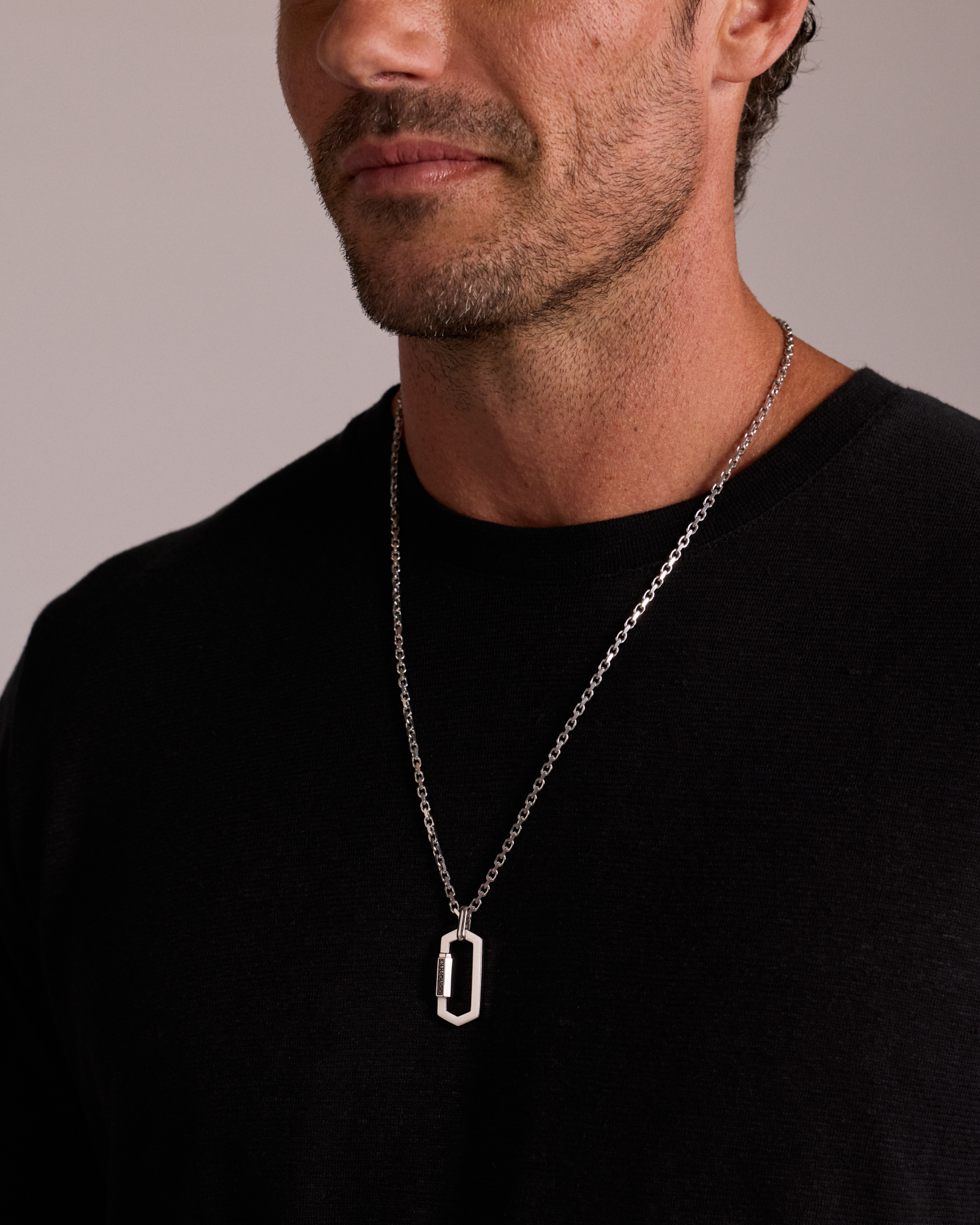 Men's Black Diamond Pendant on Heavy Cable Chain in Sterling Silver