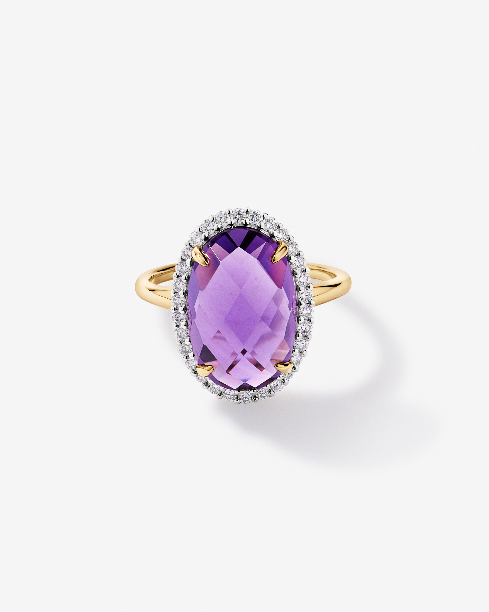 Oval Amethyst & 0.35 Carat TW Diamond Halo Ring 10kt Yellow Gold with Rhodium