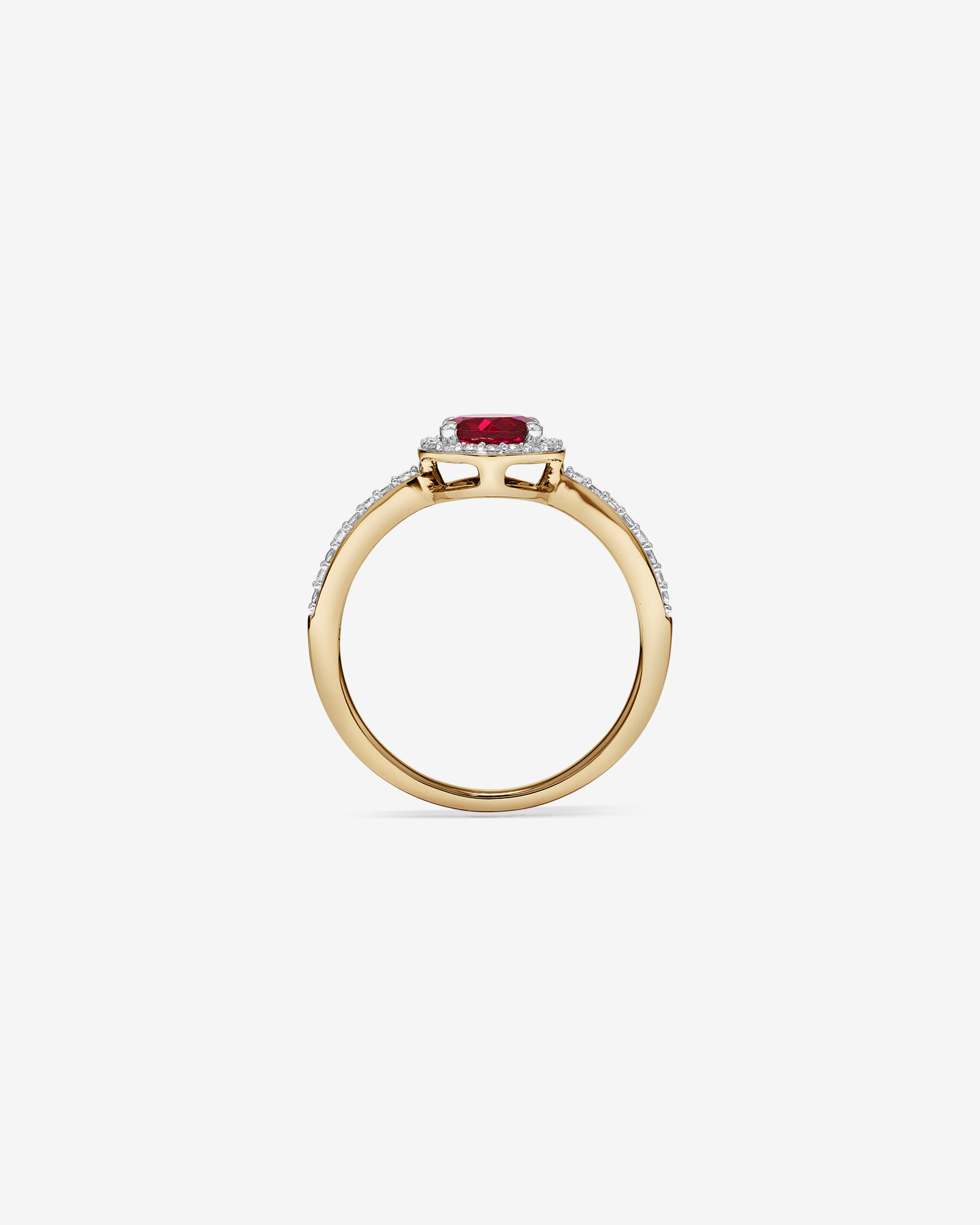 Bague Halo Avec Rubis Synthétique Rouge Taille Ronde Et Diamant De Laboratoire En Or Jaune 10 Carats Et Rhodium