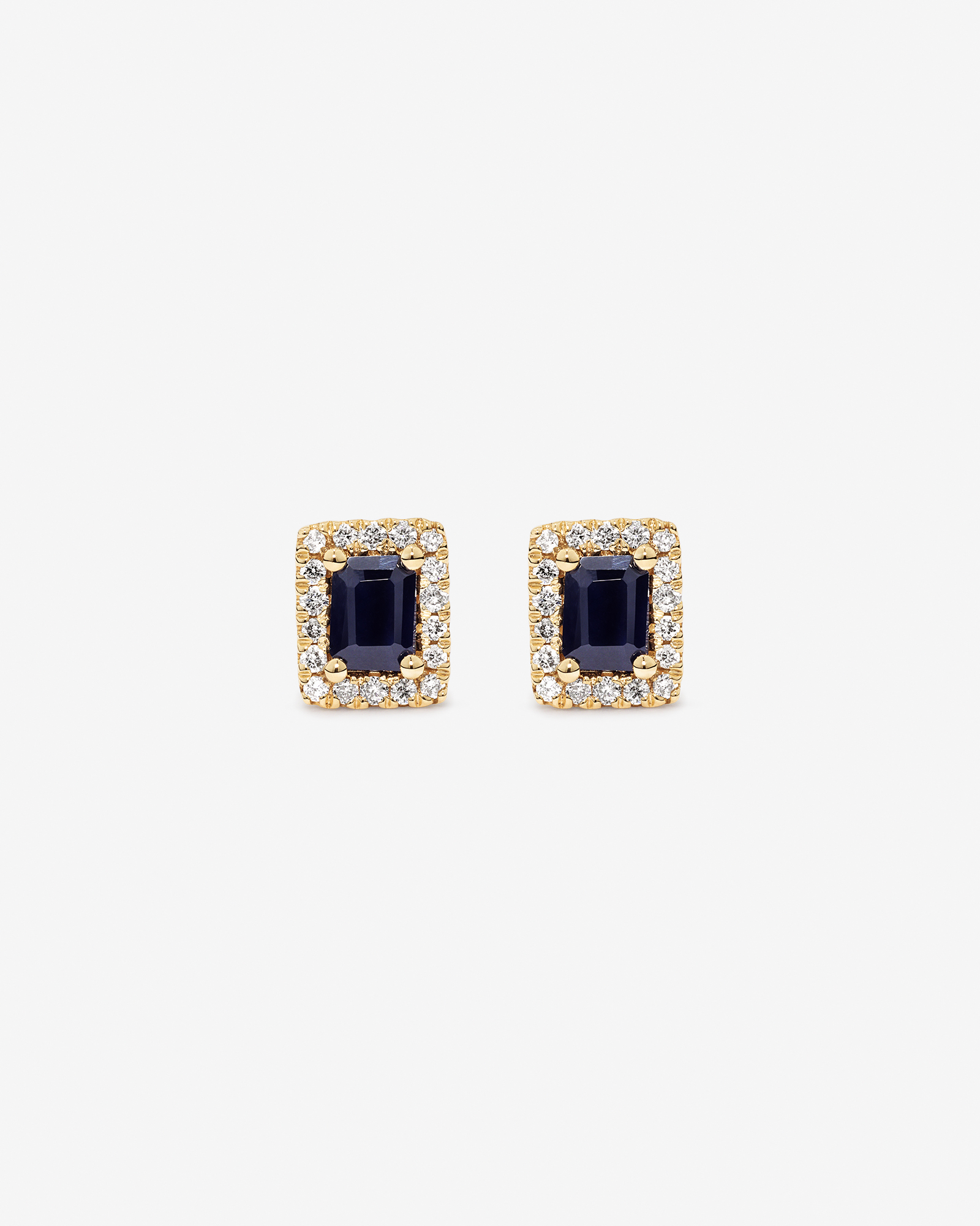 Boucles d'Oreilles Clous Halo en Pierre Précieuse Saphir Bleu Taille Émeraude et 0,10 Carat TW Diamant en Or Jaune 10 kt