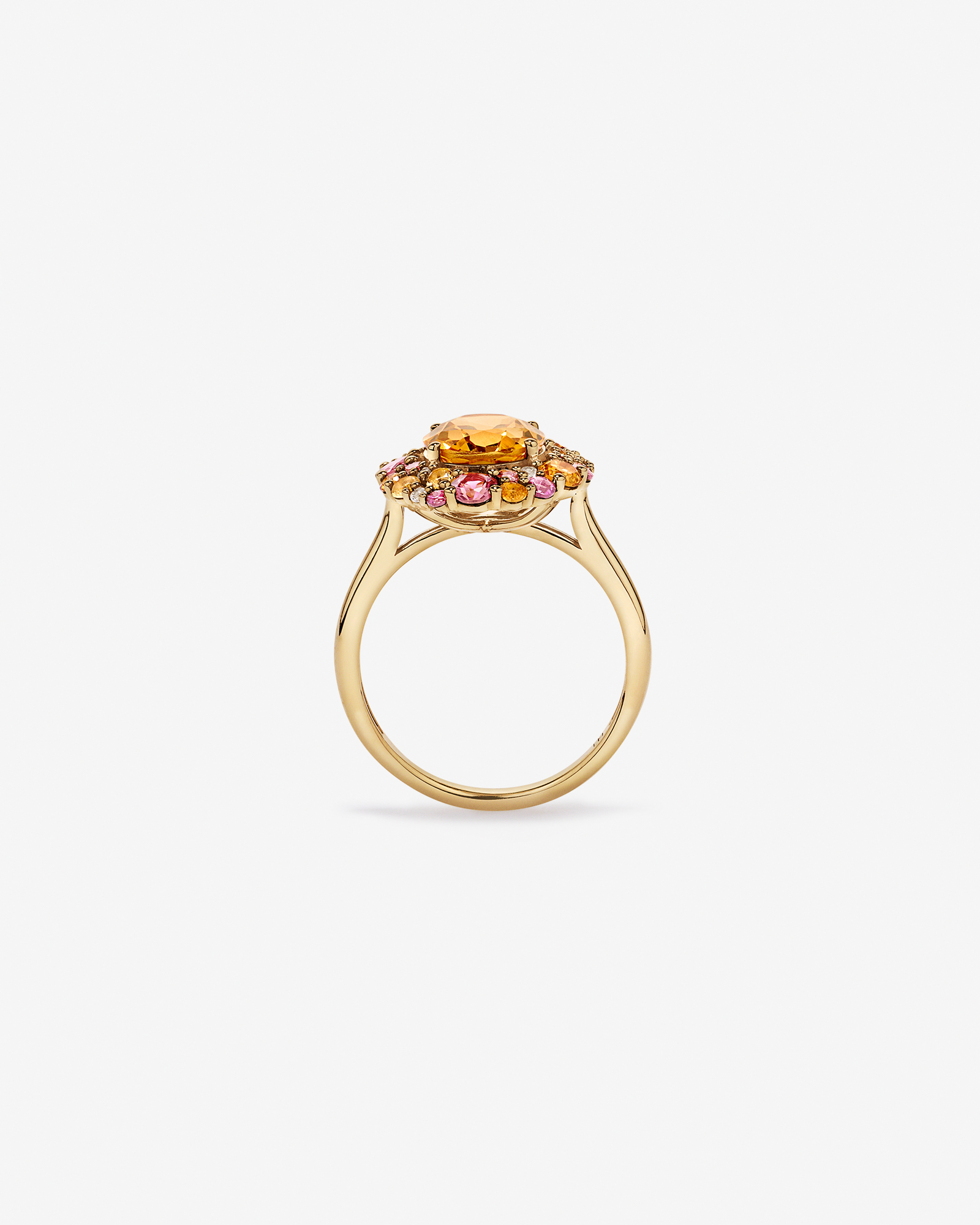 Oval Cut Citrine, Pink Tourmaline & White Topaz Halo Ring 10kt Yellow Gold