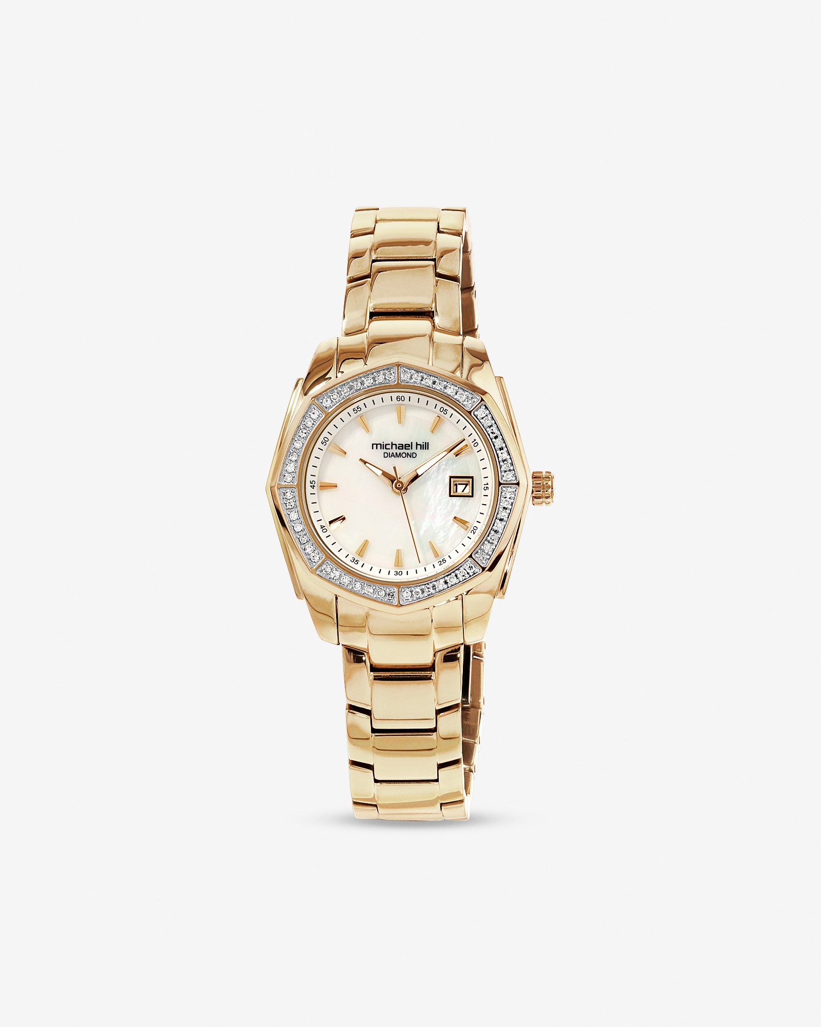 Montre en acier inoxydable doré avec nacre et diamants totalisant 0,25 ct pour femme