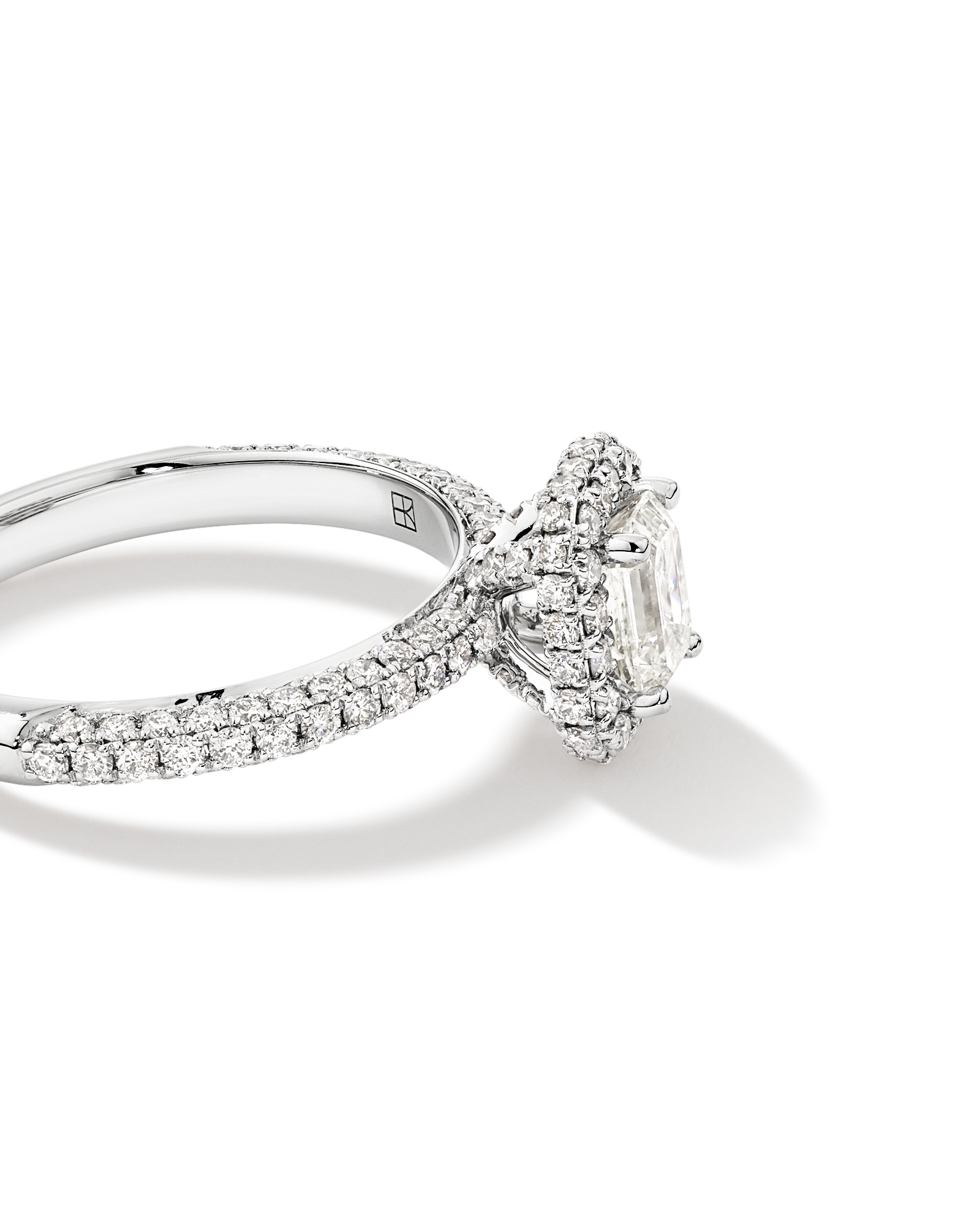 1.30 Carat TW Emerald Cut Diamond Pave Halo Engagement Ring in Platinum