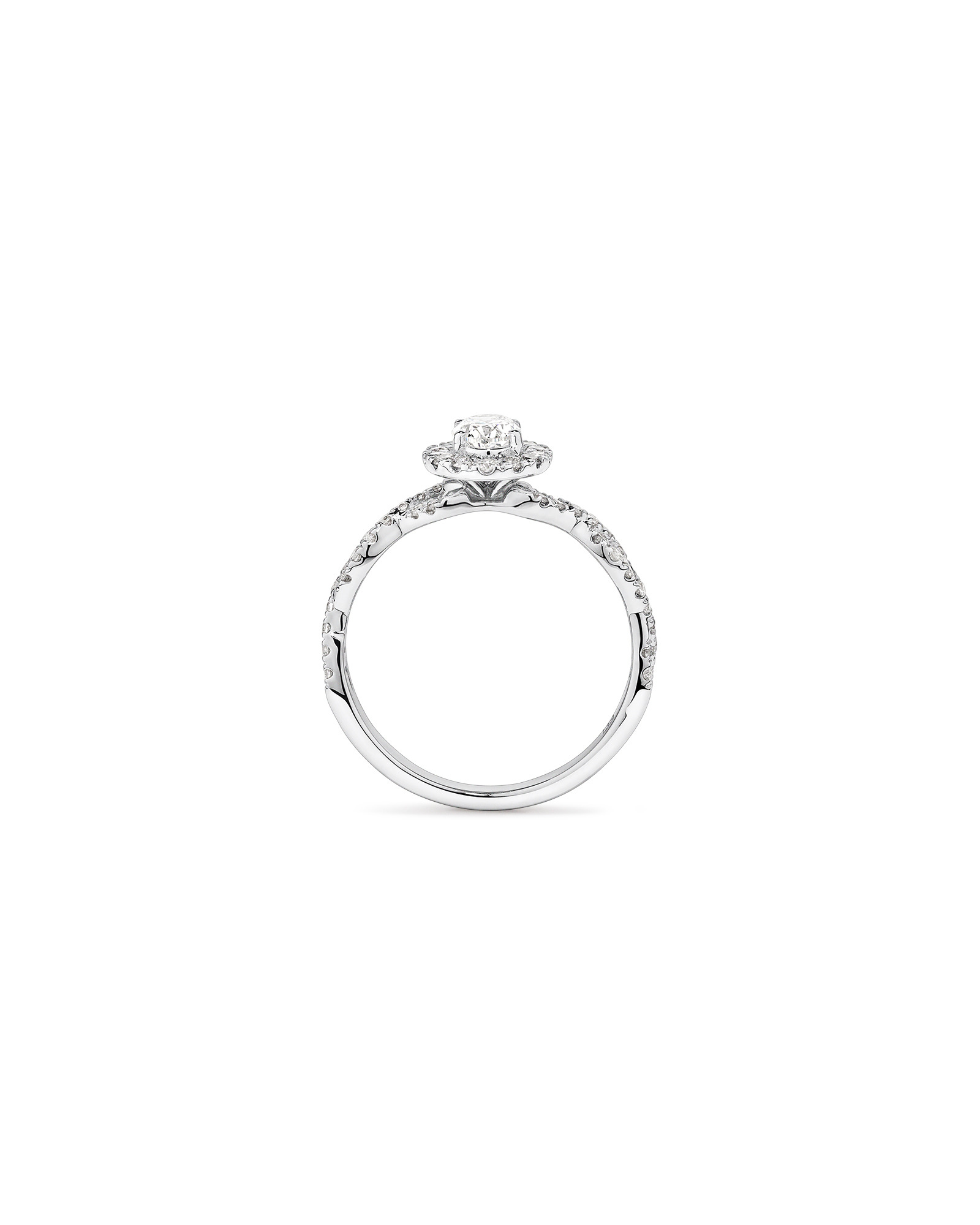 0,75 Carat Poids Total Bague De Fiançailles En Diamant Coupe Ovale Avec Halo Accent Torsadé, En Or Blanc 14 Ct