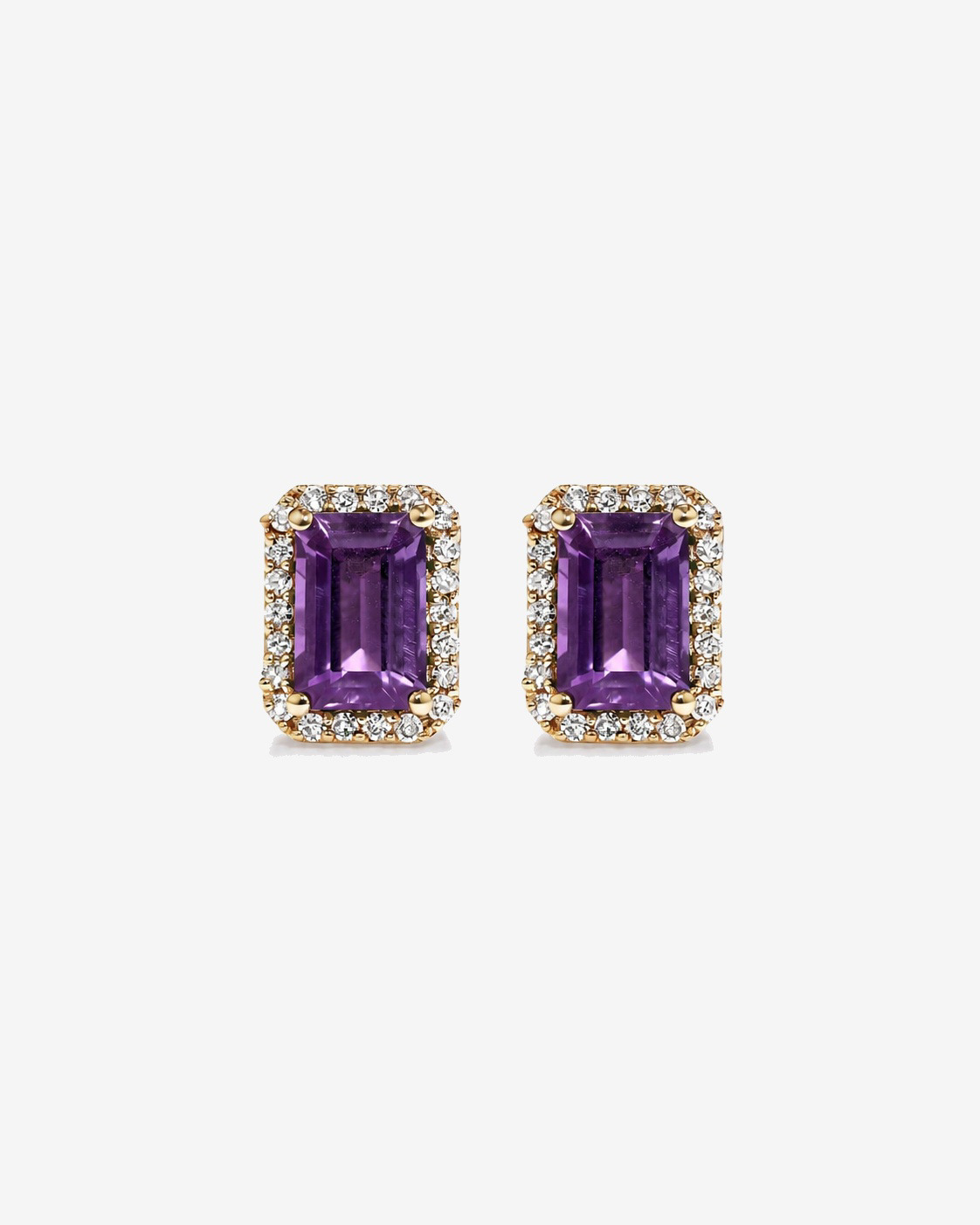 Emerald Cut Amethyst and Diamond Halo Earrings in 10kt Yellow Gold