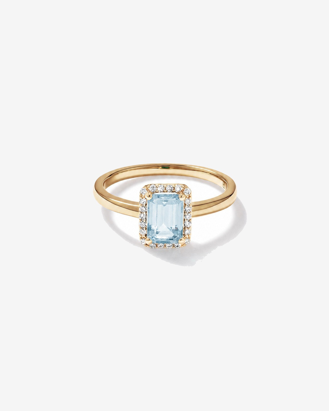 Emerald Cut Aquamarine and Diamond Halo Ring 10kt Yellow Gold