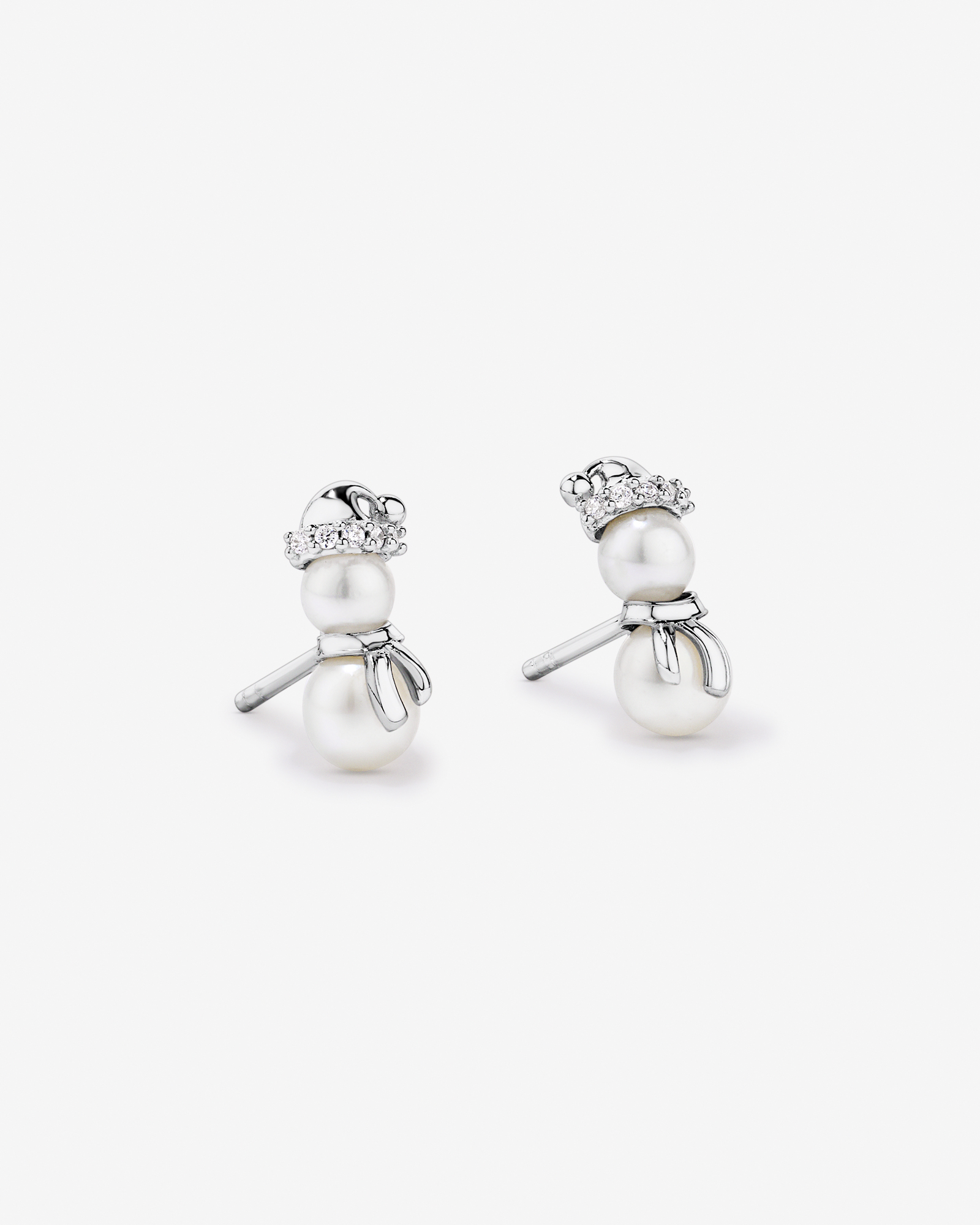 Cultured Freshwater Pearl and Cubic Zirconia Snowman Stud Earrings in Sterling Silver