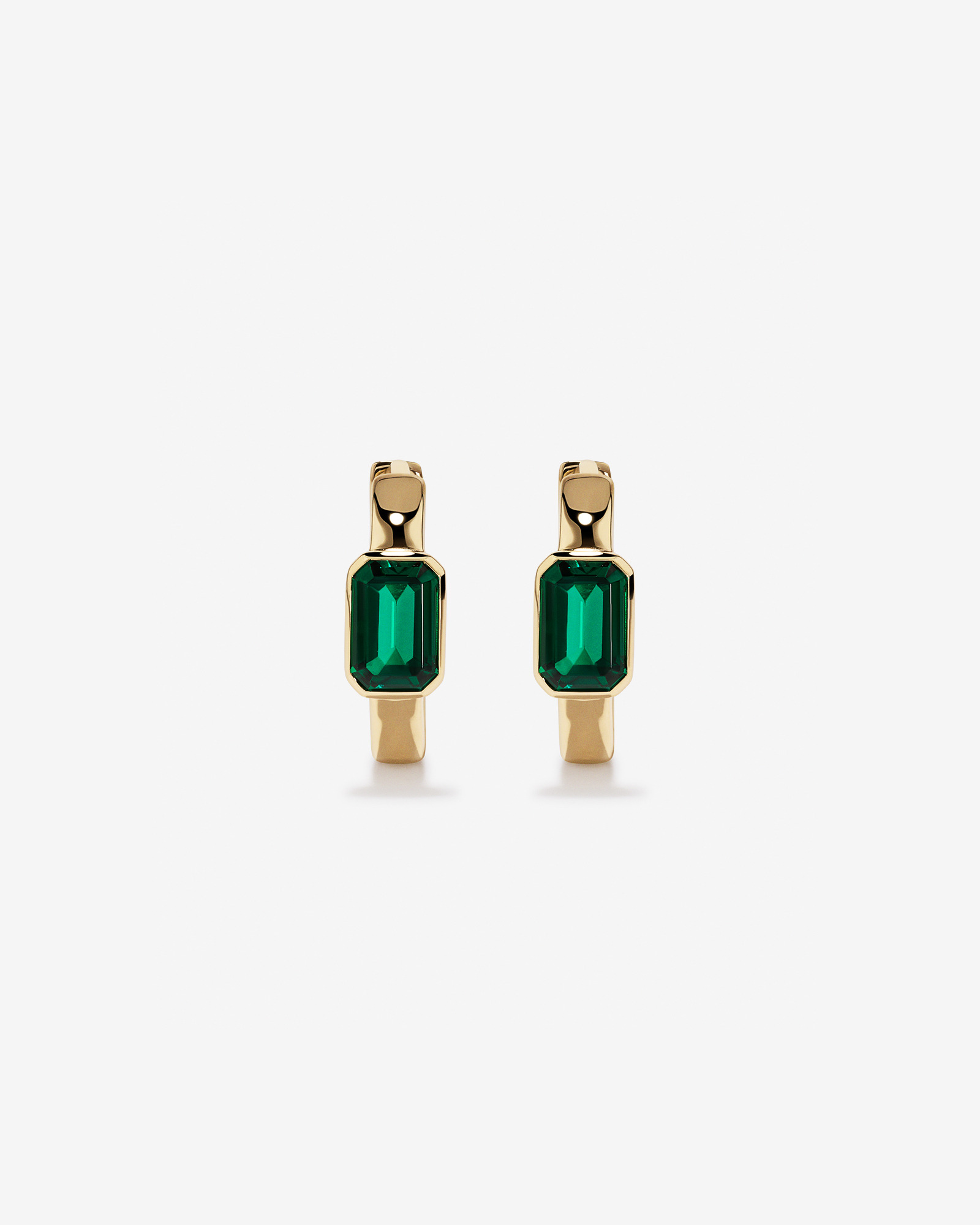Created Emerald Bezel Huggie Earrings in 10kt Yellow Gold