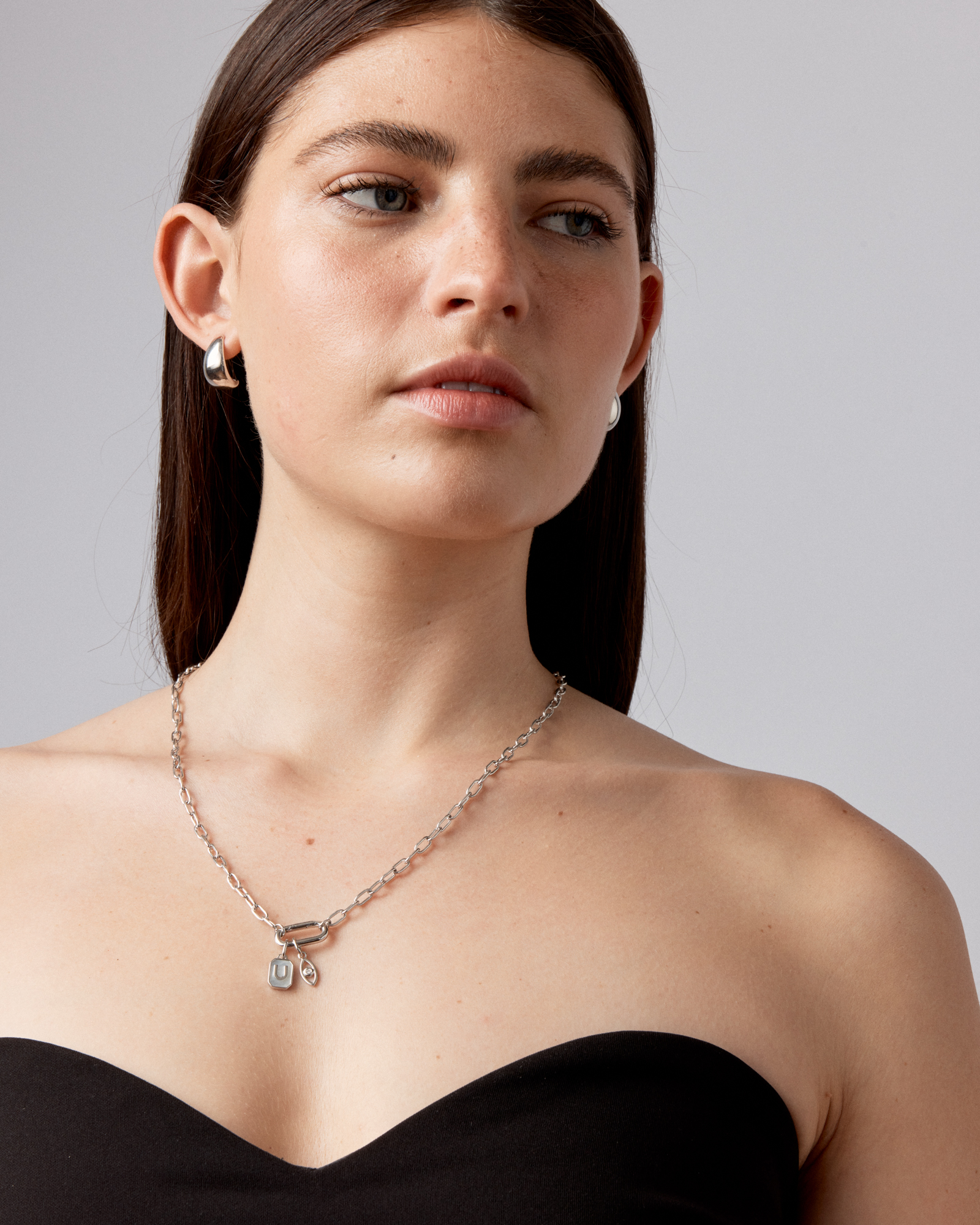 Letter U Mother of Pearl Initial Pendant in Sterling Silver